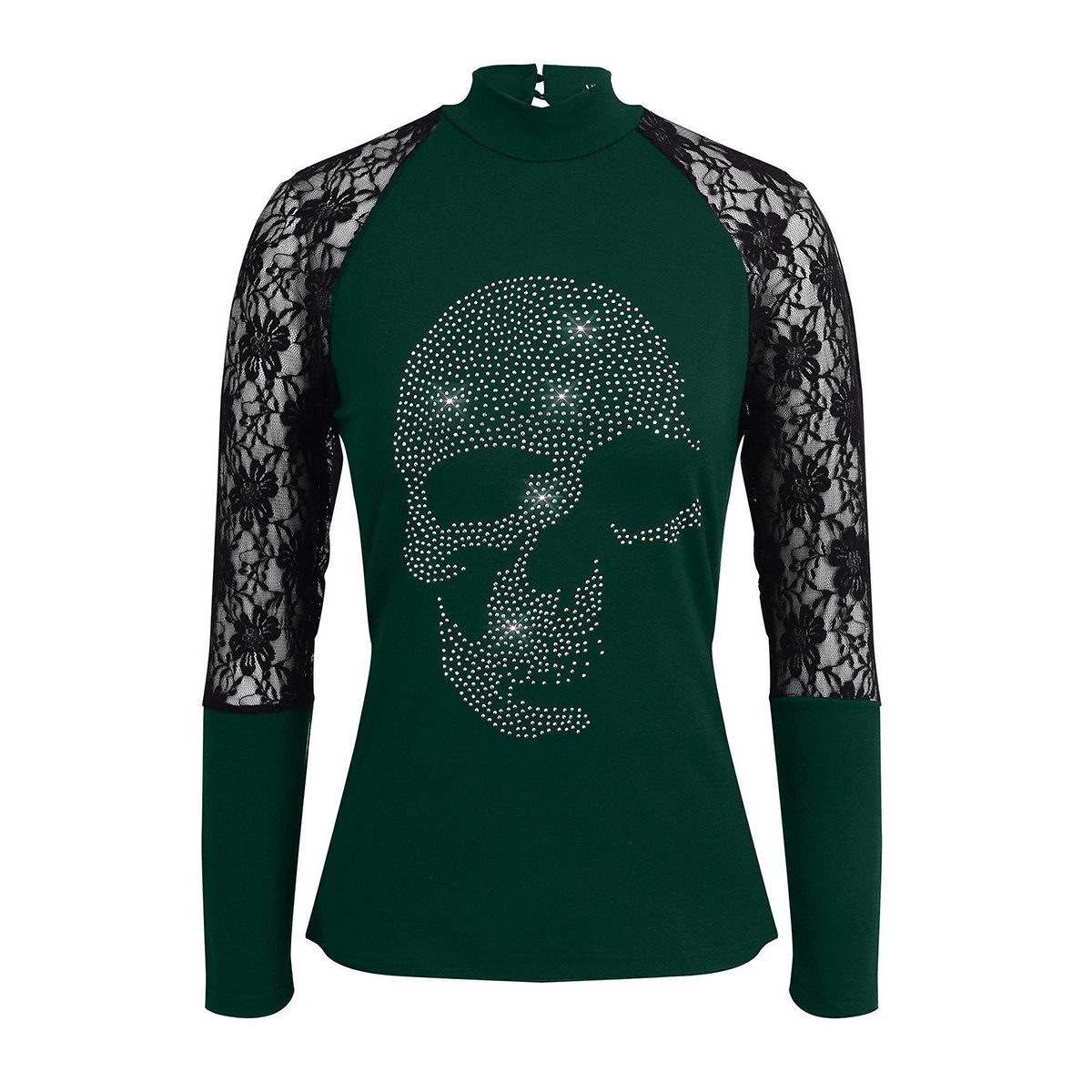 Spitzen PYL Spitzenshirt Rollkragenshirt 36-44 Größe Halloween mit Totenkopf Damen Strass Langarm