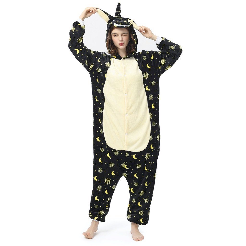 Katara Partyanzug Einhörner Jumpsuit Onesie Erwachsenen Kostüm S-XL, Karneval, Kigurumi - Einhorn Schwarz-Gelb Sterne S (145-155cm)