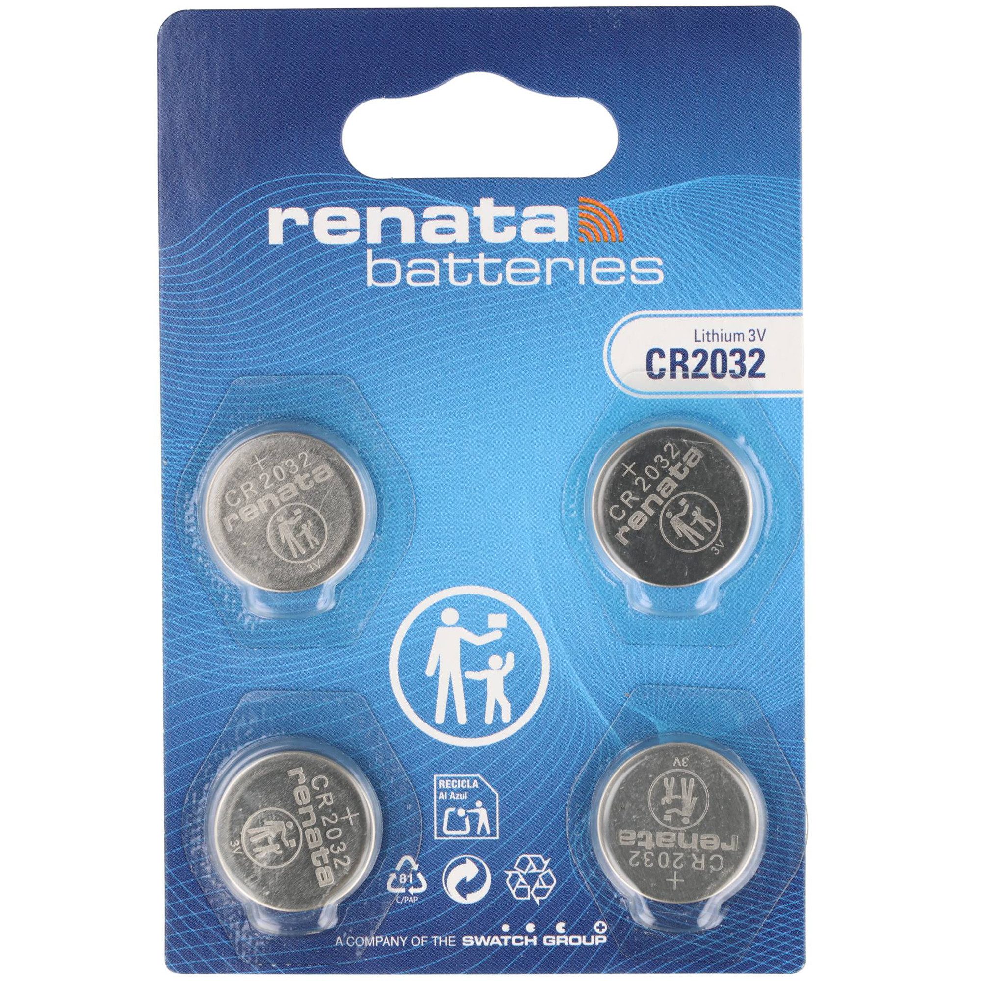 Renata 4er Spar-Pack Renata CR2032 Lithium Batterie mit 225mAh – Zuverlässi Batterie, (3,0 V)