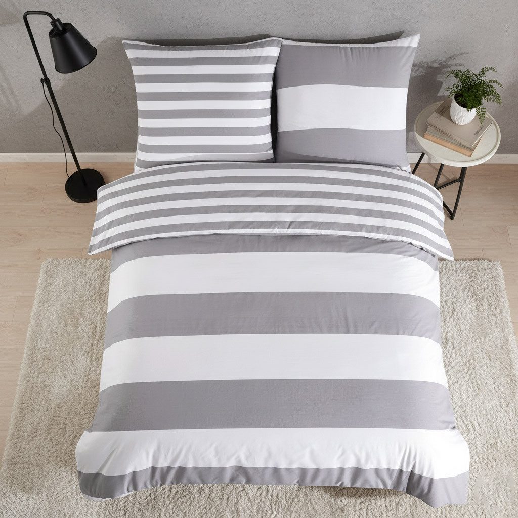 Buymax Bettwäsche Aspara Bettbezug Set 100% Baumwolle, Renforcé, 2 teilig, mit Reißverschluss, modern gestreift, Grau Weiß, 135x200 cm