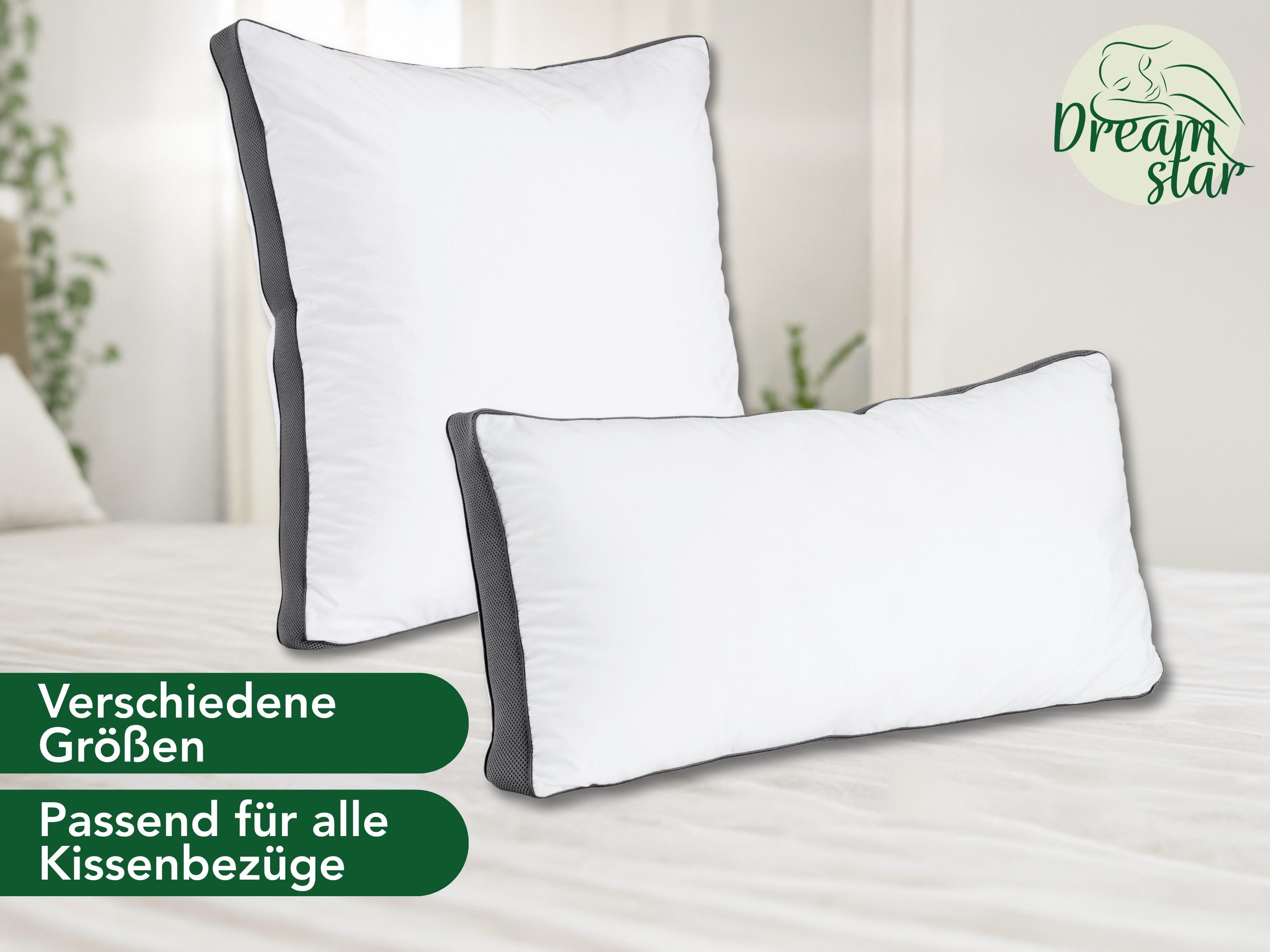 Dreamstar Microfaserkissen Kopfkissen - einzeln oder 2er-Set - 40x80 & 80x80 cm - Hotelqualität, Füllung: Soft Touch Hohlfaser, Seitenschläfer, Bauchschläfer, Rückenschläfer, 1-tlg., stützend & entlastend - atmungsaktiv & allergikergeeignet