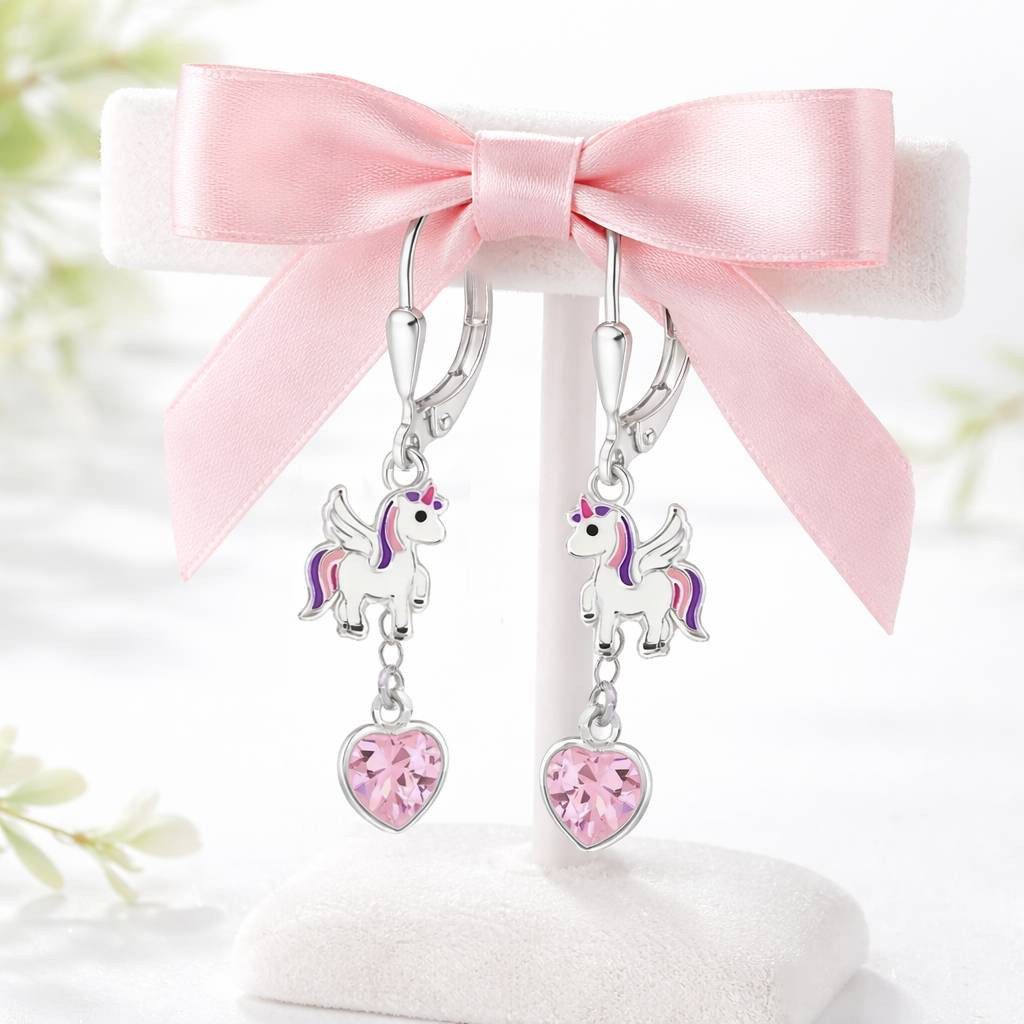 Goldene Hufeisen Paar Ohrhänger Einhorn Pferd mit Rosa Herz Zirkonia Klappbrisuren aus 925 Silber (1 Paar, inkl. Etui), Hypoallergen und hautfreundlich