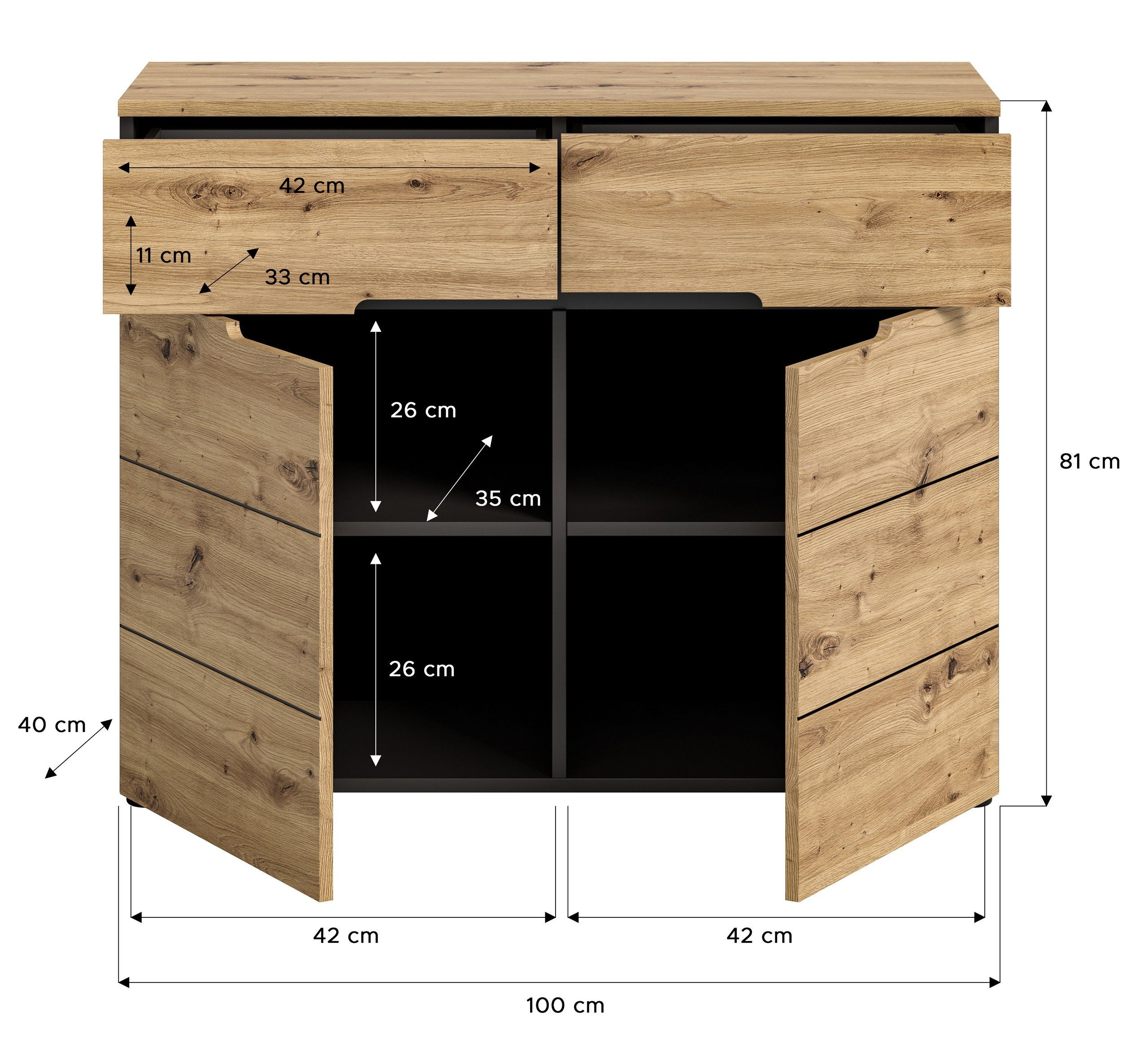 Newroom Kommode Basalt Grau 81 cm, Kommode Artisan Eiche Basalt Grau Sideboard Highboard Industrial Mo...