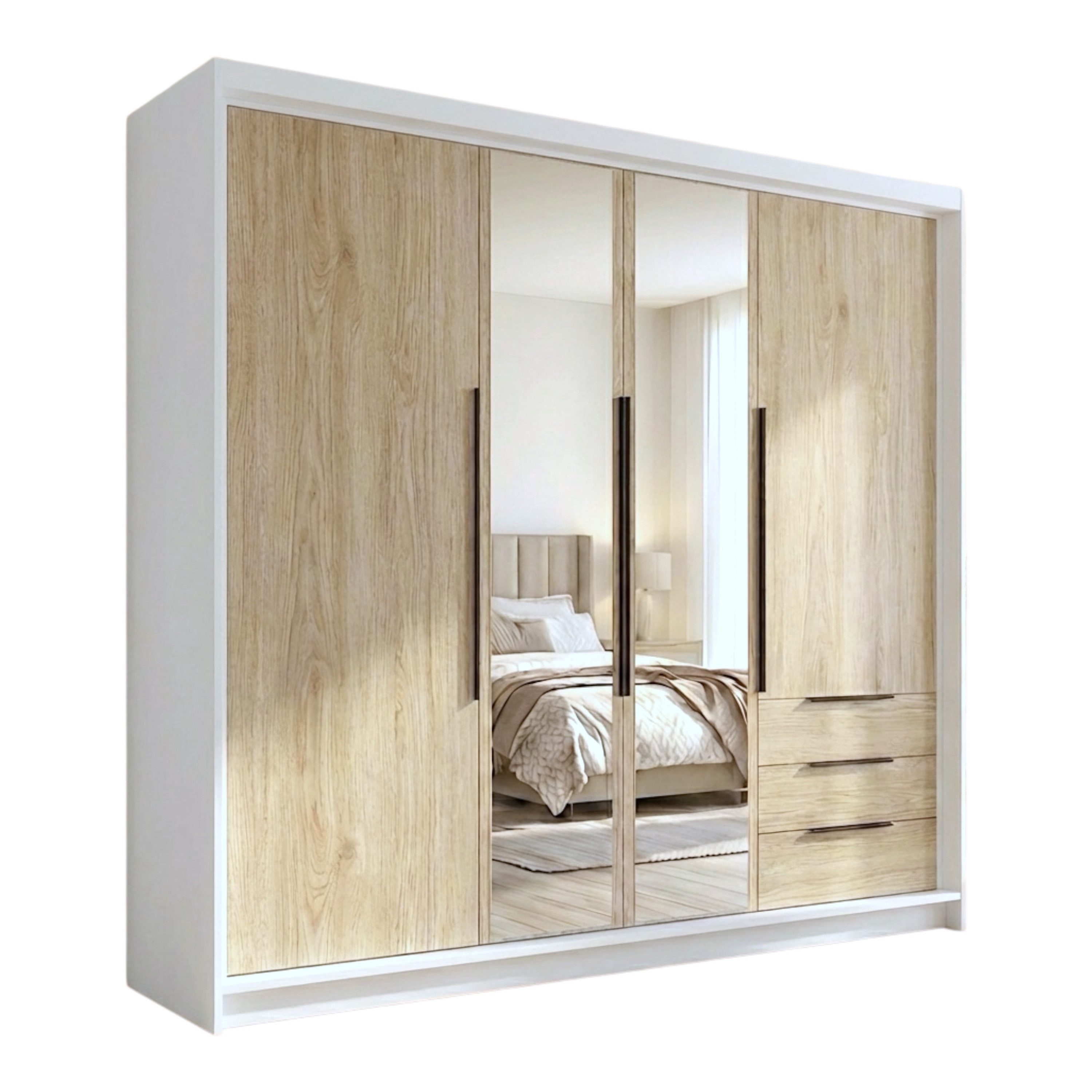 A&J MöbelLand GmbH Drehtürenschrank VIVO mit integrierten Schubladen (Geräumiger vier¬türiger Kleiderschrank mit Schubladen und Metallgriffen. Geräumiger Schrank mit einer Breite von 200 cm und Schubladen, ideal zur Aufbewahrung von Kleidung und Accessoir
