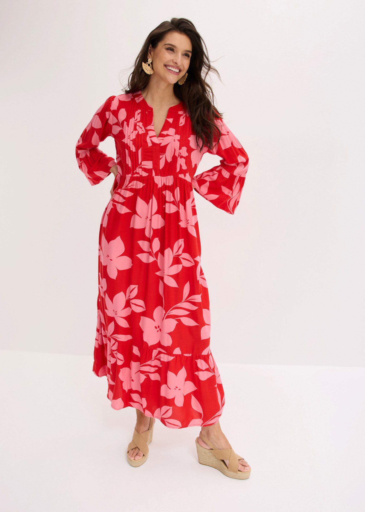 bonprix Maxikleid für modischen Auftritt, aus Viskose, A-Linie, 3/4-Ärmel