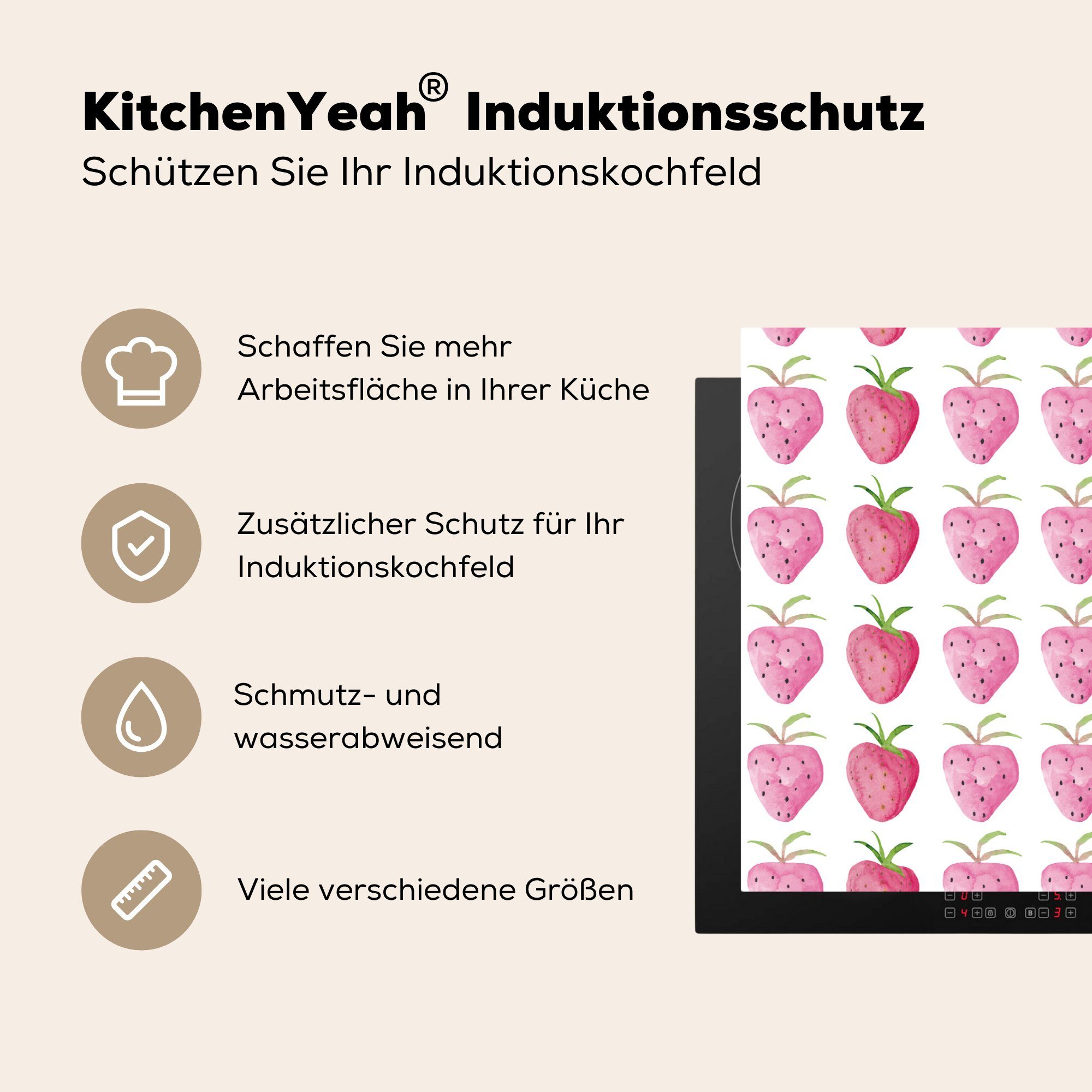 MuchoWow Herdblende-/Abdeckplatte Erdbeere - Schutz Aquarell küche, - Design, 81x52 Ceranfeldabdeckung Vinyl, (1 tlg), die für Induktionskochfeld cm