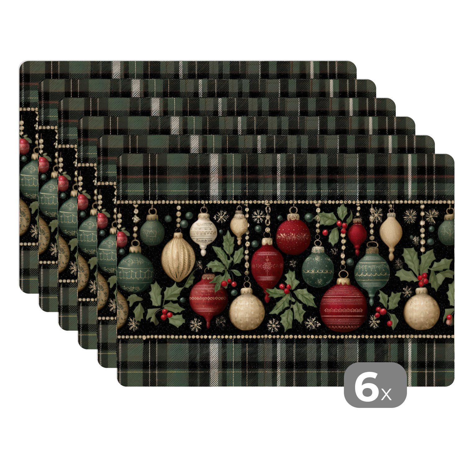 MuchoWow Platzset Weihnachtskugeln - Rot - Stechpalmenzweige - Muster, (6-S günstig online kaufen