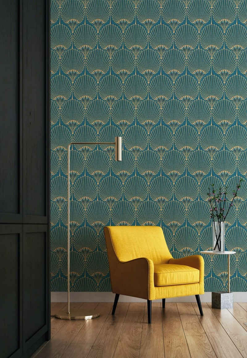 Grandeco Tapete Vliestapete Muster Art Deco Fächer Blau Grün Gold Metallic A54902 Asperia