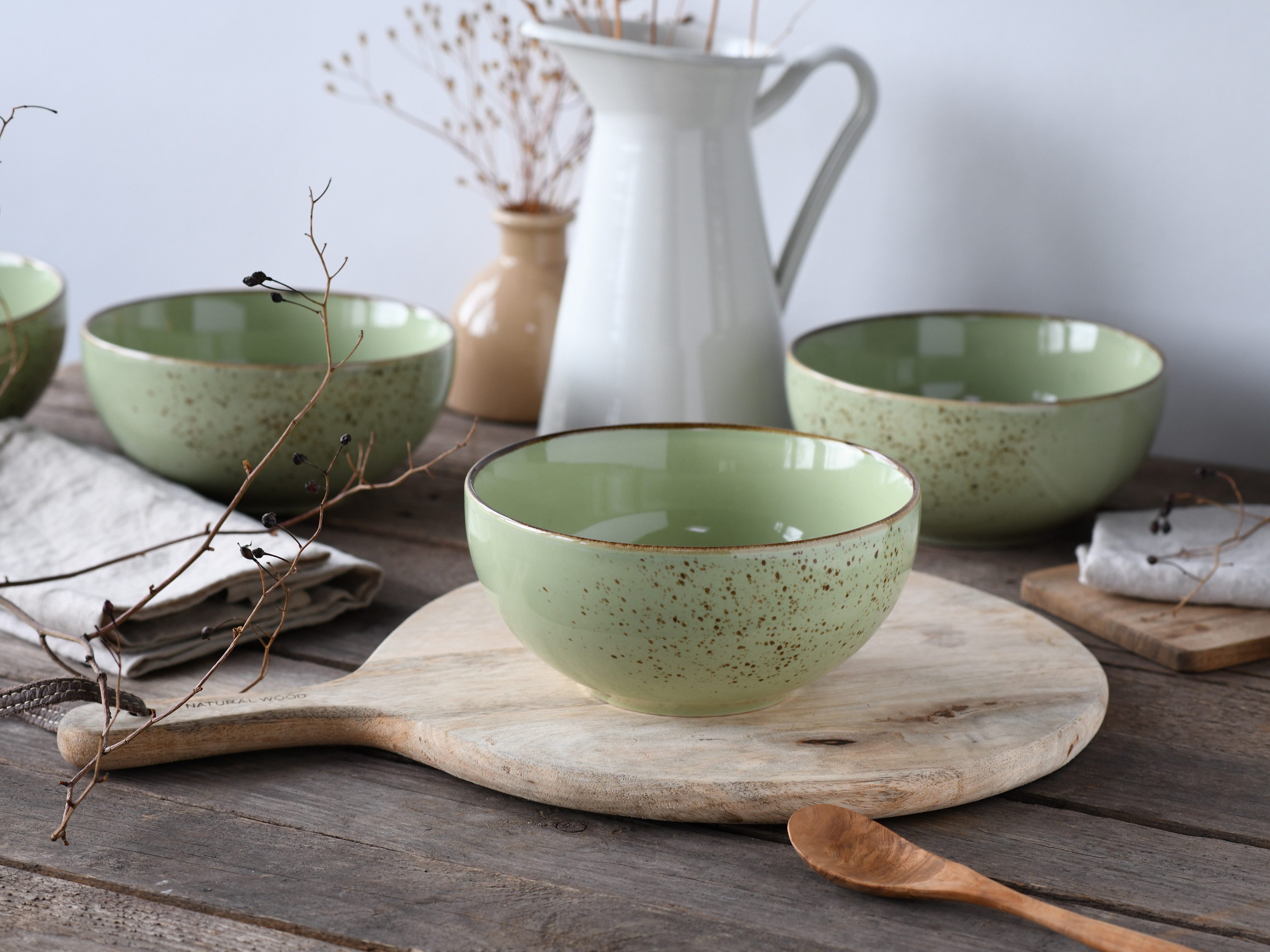 CreaTable Schale Nature Collection, Buddha Bowl 4-tlg, Steinzeug, (Set, 4-tlg), Handwerklicher Look, Vintage, Höhe 7,5 cm