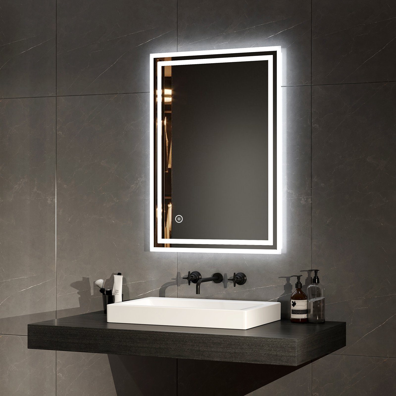 EMKE Badspiegel LED Badezimmerspiegel mit Beleuchtung Lichtspiegel IP44 (Modell 4, Touch-schalter), Kaltweißlicht Beschlagfrei Helligkeit einstellbar Memory Funktion