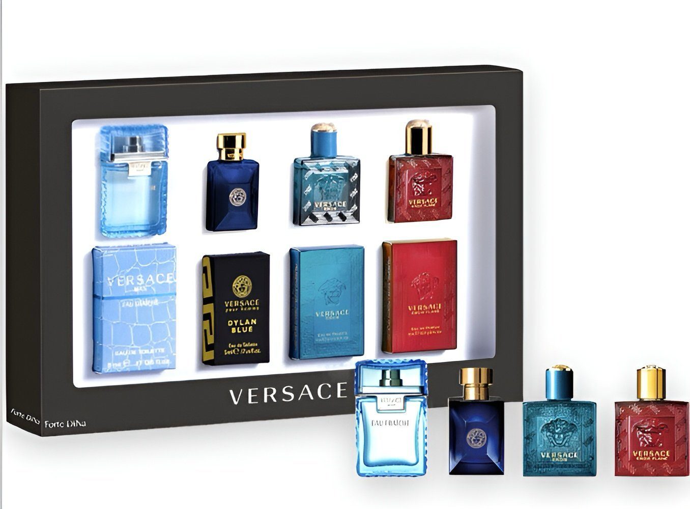 Miniaturen Versace Set Eros Duft-Set Versace Man Eau für Versace 4-tlg., de Fraîche, Eau Parfum, pour Eros Homme Man Eros Flame Herren, Versace