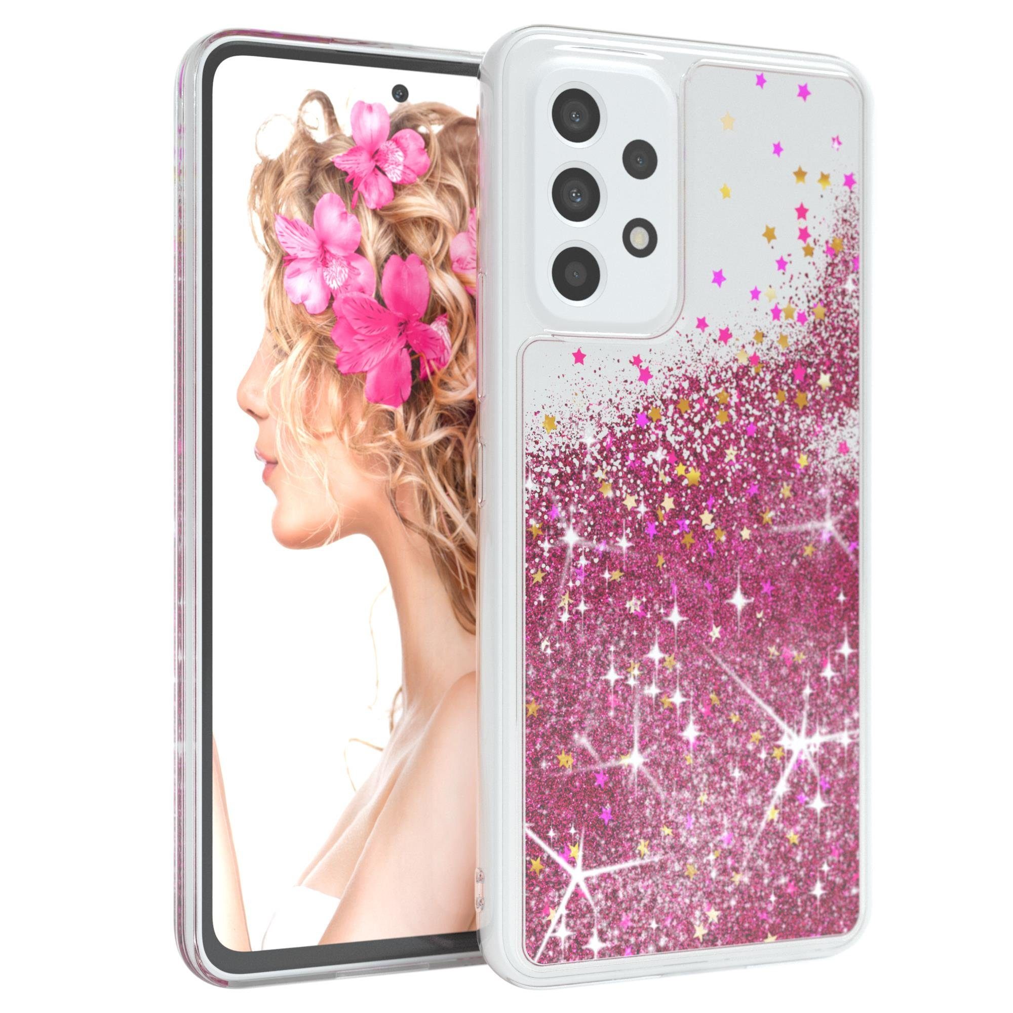 EAZY CASE Handyhülle Liquid Glittery Case für Samsung Galaxy A53 5G 6,5 Zoll, Glitzerhülle Shiny Slimcover stoßfest Durchsichtig Bumper Case Pink