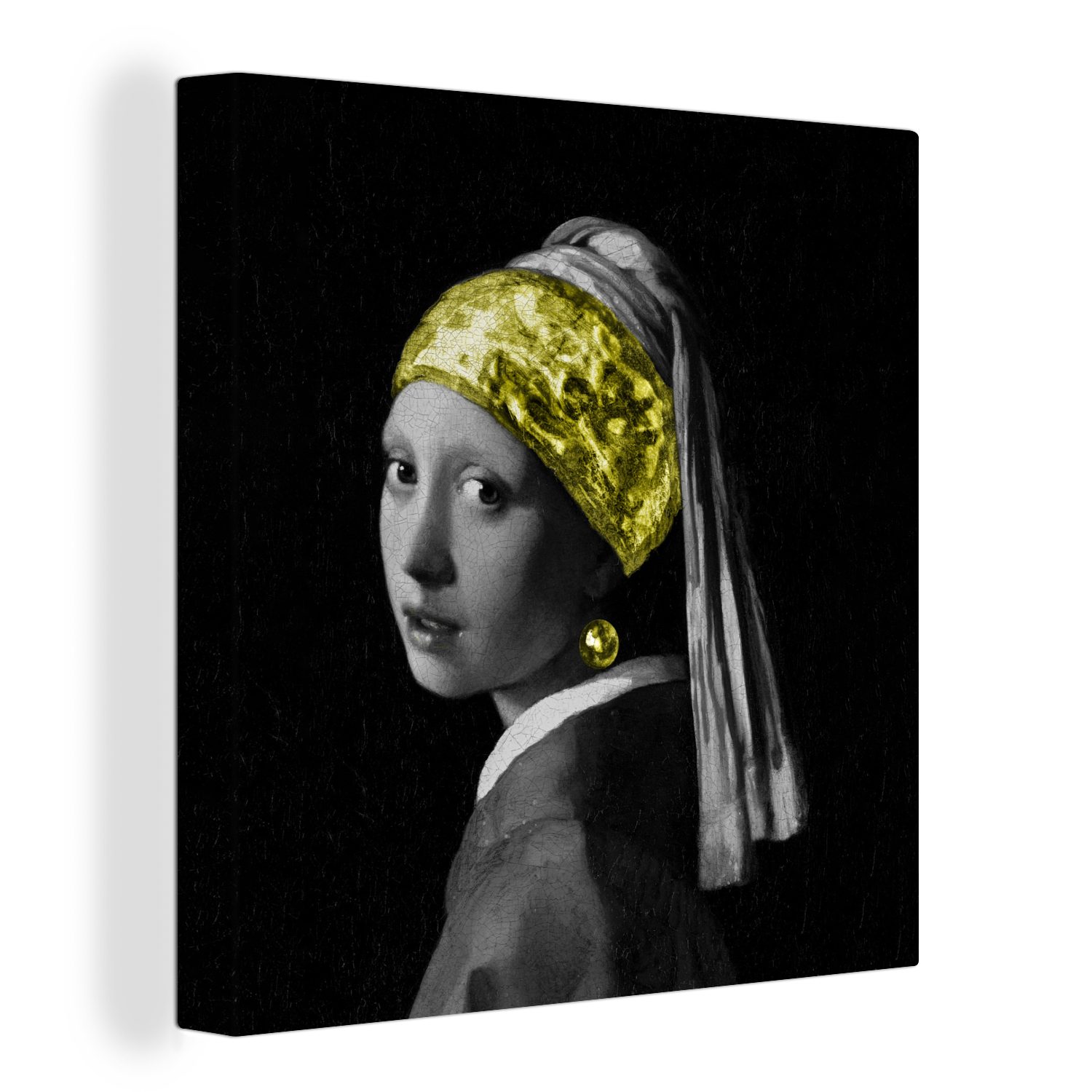 OneMillionCanvasses® Gemälde Mädchen mit einem Perlenohrring - Gemälde - Gold, (1 St), Leinwand Bilder für Wohnzimmer Schlafzimmer