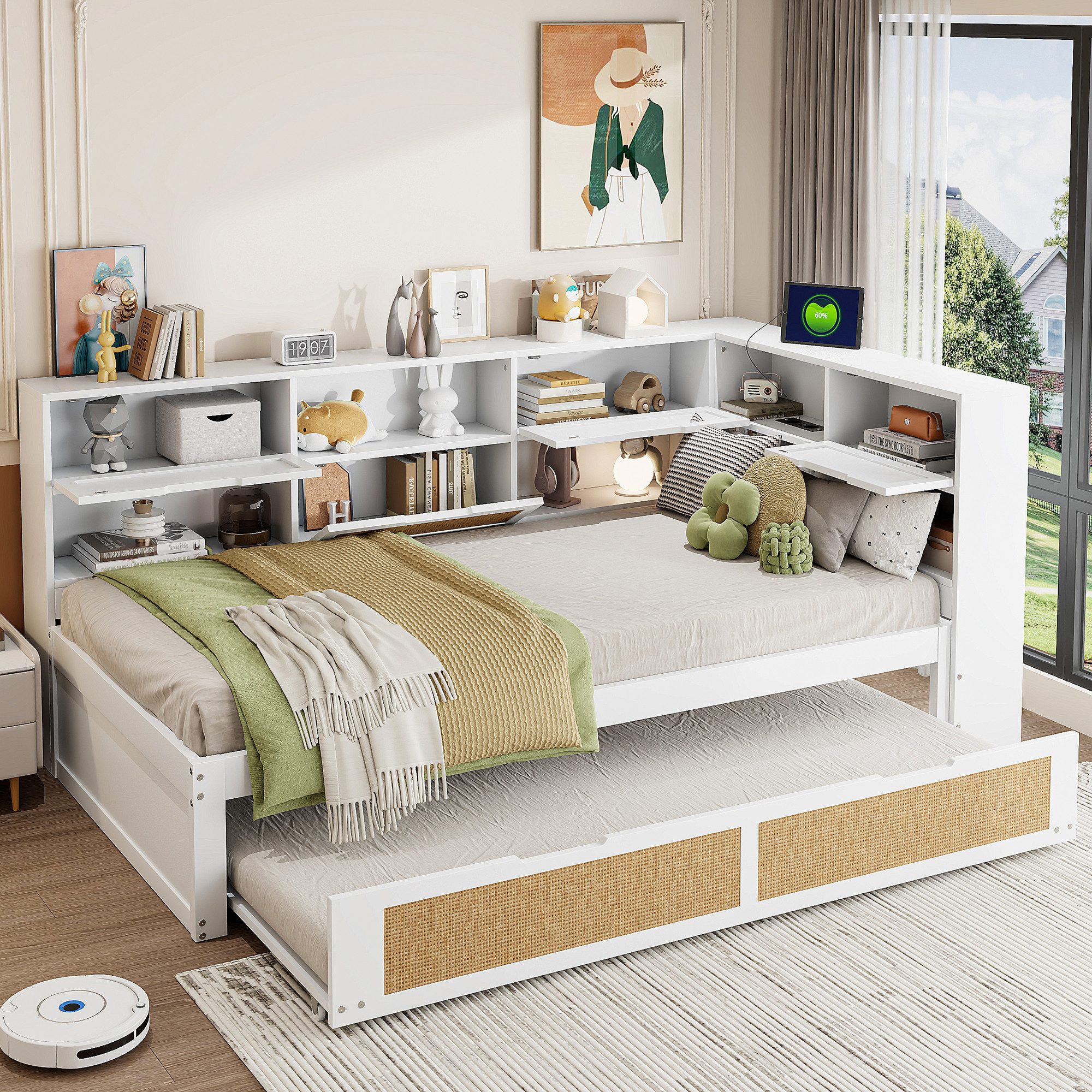 Odikalo Ausziehbett Kinderbett Daybett Schlafsofa Unterbett Staufächern USB-Lade 90x200cm