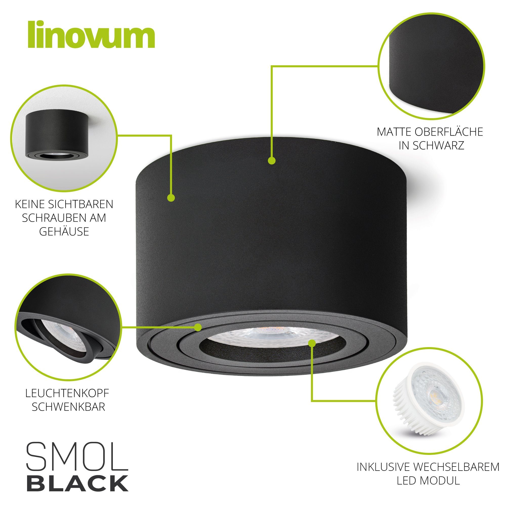 linovum LED Aufbaustrahler Aufbauleuchte Leuchtmittel 5W, schwarz inklusive, SMOL matt mit schwenkbar inklusive rund & in LED Leuchtmittel