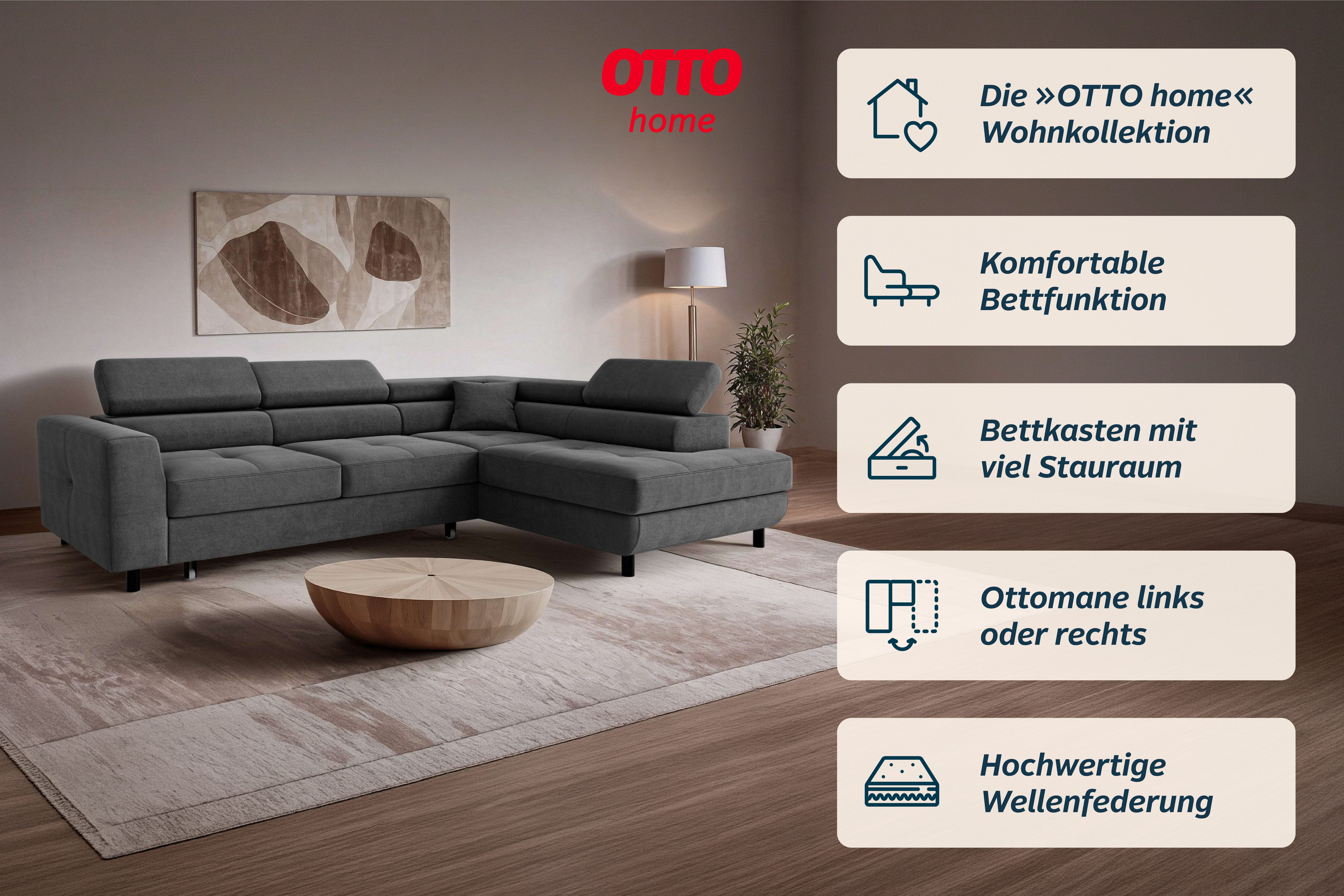OTTO home Ecksofa AADEN Schlafsofa 254 cm - OTTO. Verlässliche Qualität., mit Bettfunktion, Bettkasten, Kopfstützen, rechts/links bestellbar – Bild 3 von 5