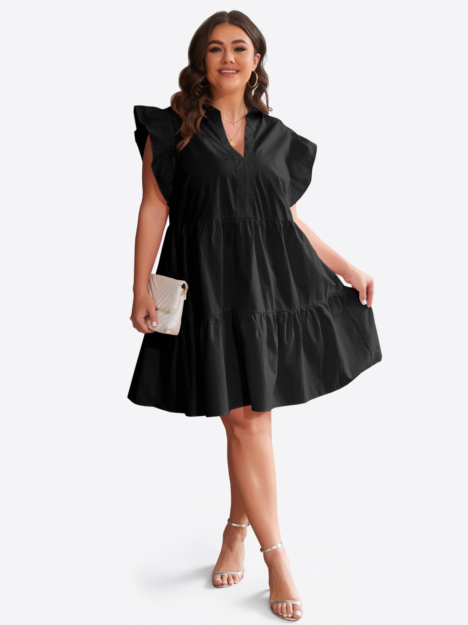 Imily Bela Minikleid Damen Oversize Kurzarm V-Ausschnitt mit Rüschenärmeln A-Linie Sommer (Packung, 1-tlg., 1per-Pack) mit gerüschtem Rock aus Baumwolle in Unif – Bild 3 von 5
