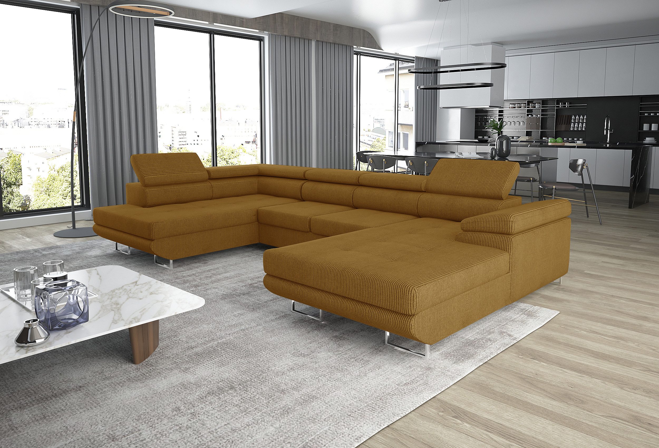 thematys Ecksofa GRENADA in Samt Monolith oder Cord Poso Stoff 355 x 162 cm, U-Form 3 Teile XL-Wohnlandschaft mit Schlaffunktion und Bettkasten