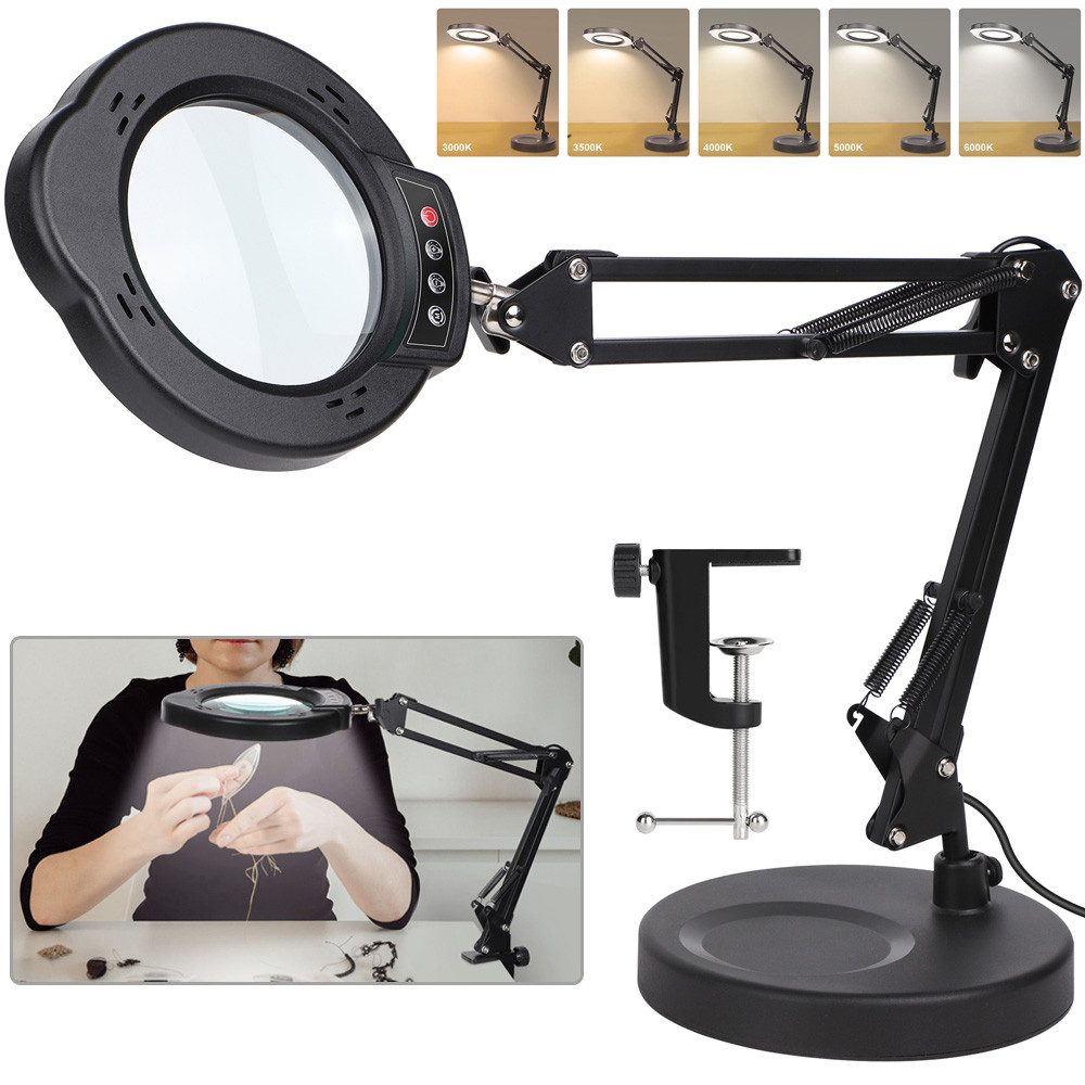 QUBEBU LED Schreibtischlampe Dimmbar Klemmlampe 10x Lupenleuchte Lupenlampe Einstellbar Leselampe, 1 Kits, Dimmbar in 5 Farben, verstellbarer Standfuß, 360° schwenkbar., für Arbeit, Lesen, Hobbys, Nähen, Basteln, Juweliere, Modellbau