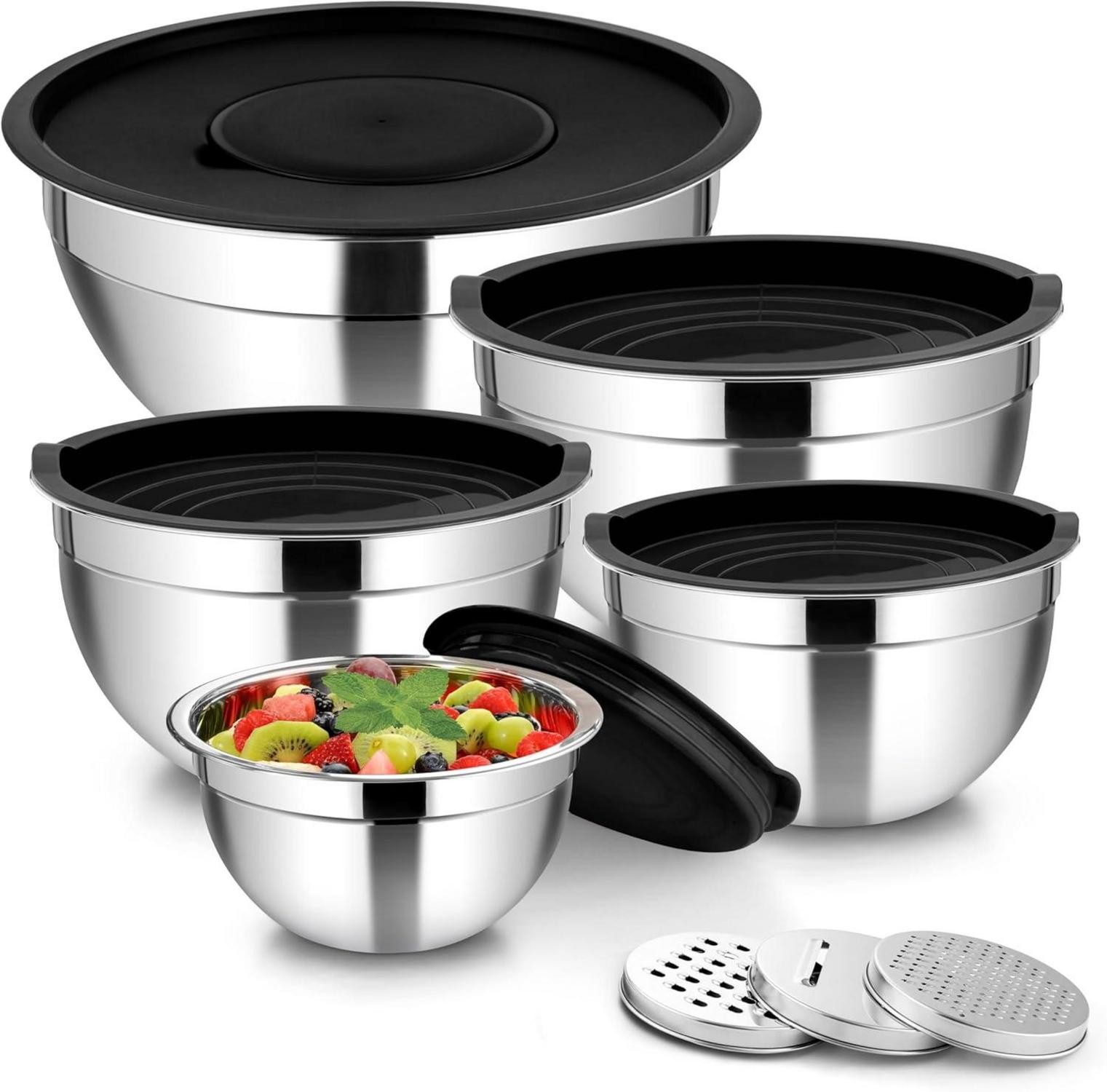 Kochbesteckhalter Rührschüssel Set Edelstahl 5-tlg Salatschüssel LuftdichtDeckel 3