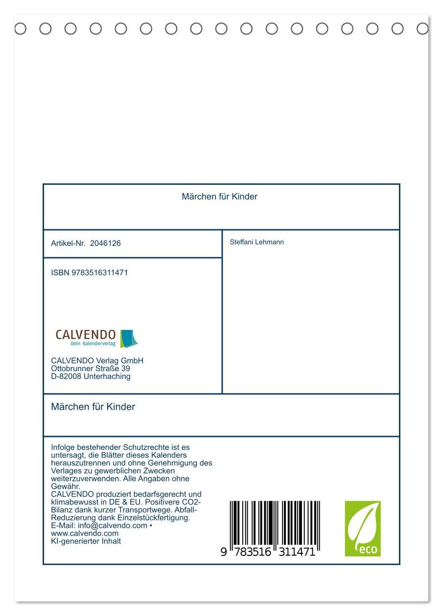 CALVENDO Wandkalender Märchen für Kinder (Tischkalender 2026 DIN A5 hoch), CALVENDO Monatska