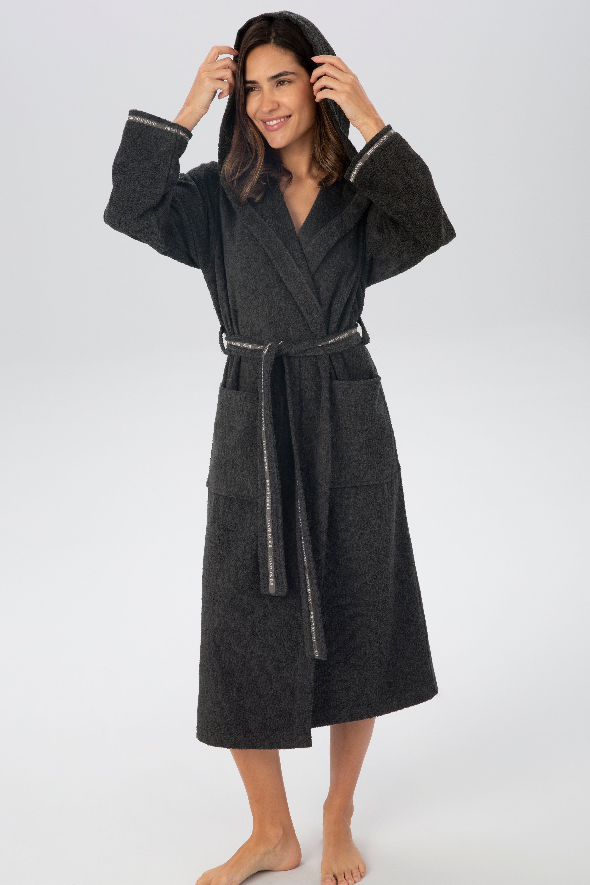 Bruno Banani Damenbademantel Danny, ideal für Sauna & Spa, Hotelbademantel, Morgenmantel, Langform, Walkfrottier, Kapuze, Gürtel, mit Logostreifen, aus 100% Baumwolle, XS-3XL