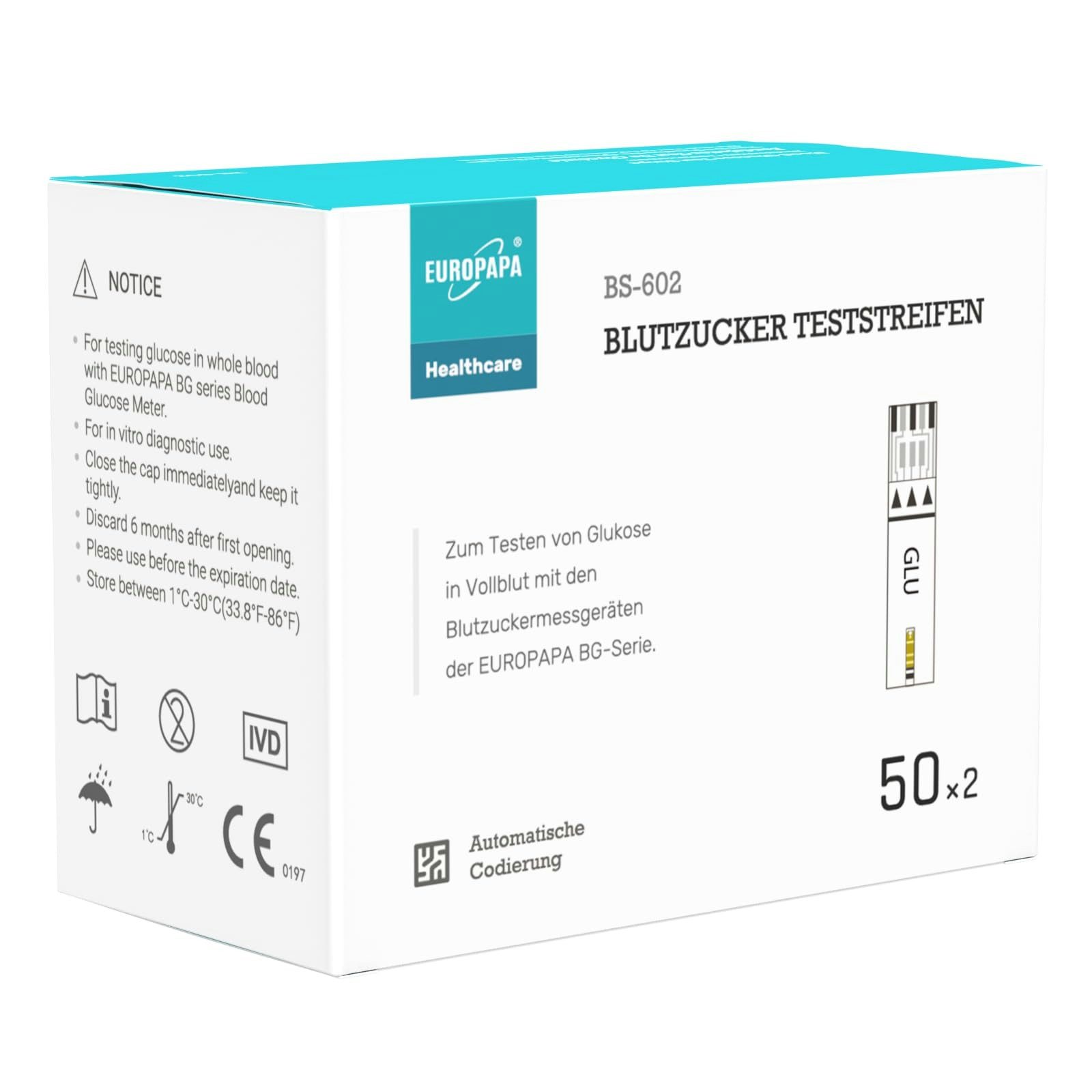 EUROPAPA Blutzuckermessgerät Blutzuckerteststreifen für Blutzucker-Wertes Kontrolle, Diabetiker-Teststreifen zur Diabetes- und Glukoseüberwachung, Teststreifen Anwendbar EUROPAPA BG-Serie Blutzuckermessgerät