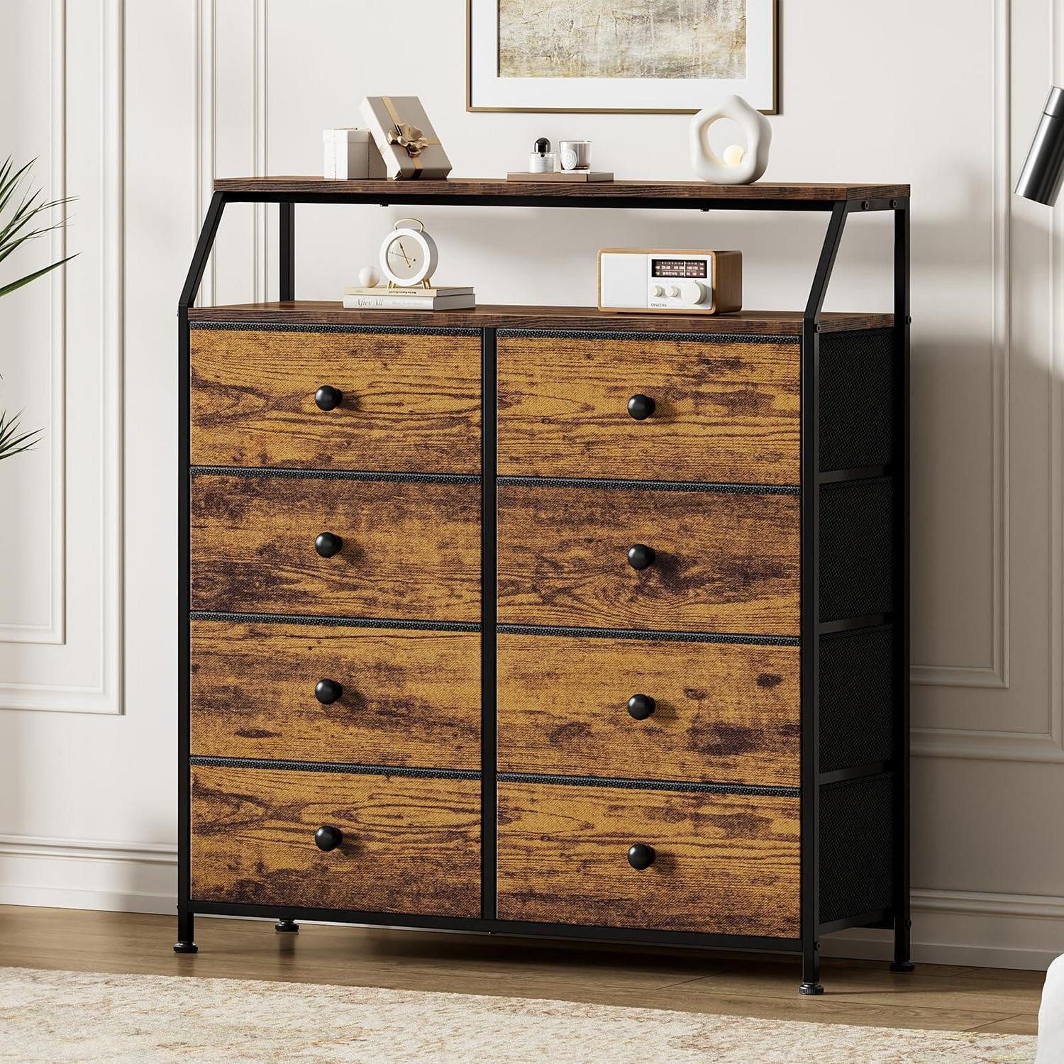 LuxusKollektion Kommode Kommode 8 Schubladen Regal 2 Holzplatten Aufbewahrung Vintagebraun (1 St)