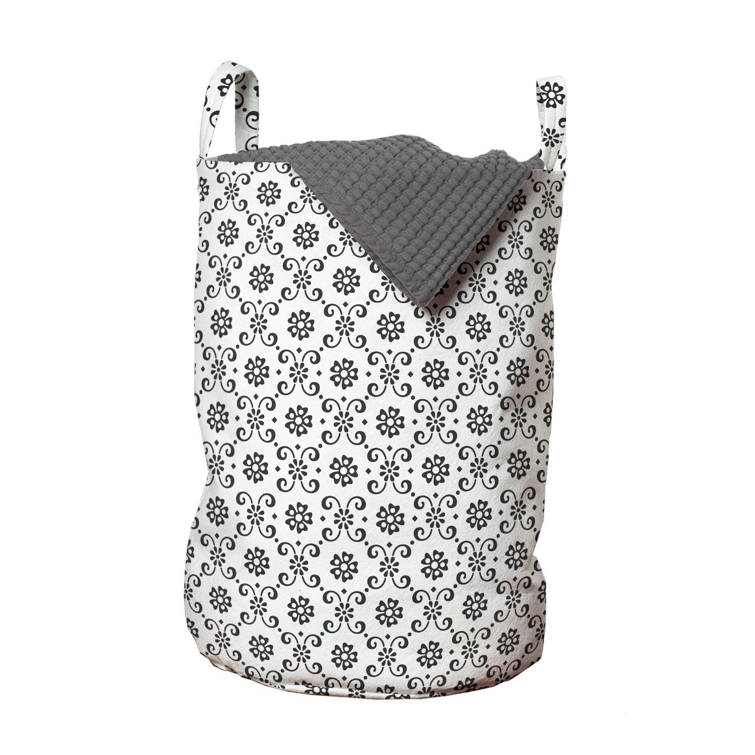 Abakuhaus Wäschesäckchen Wäschekorb mit Griffen Kordelzugverschluss für Waschsalons, Schwarz und weiß Swirl Blätter Frühling