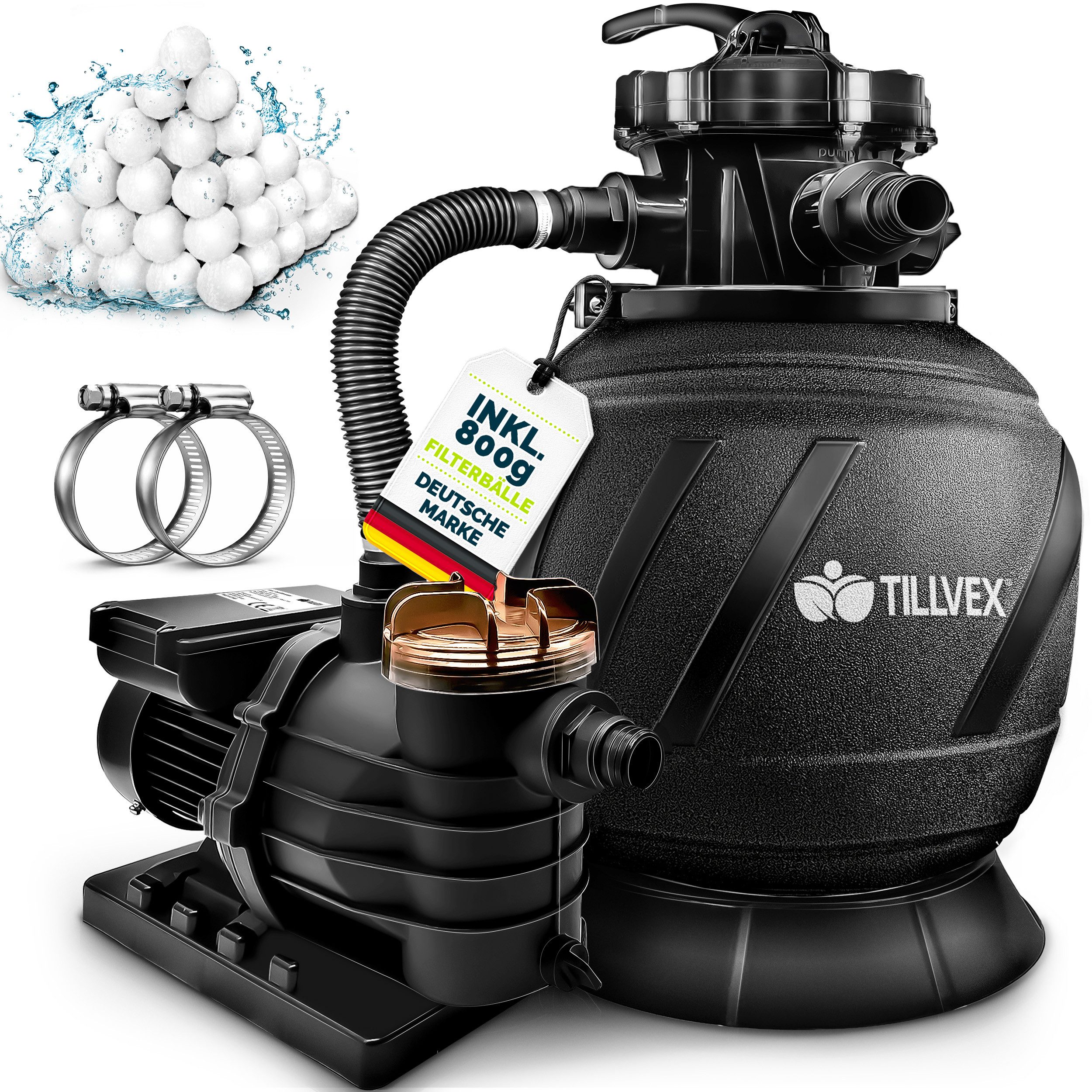 tillvex Sandfilteranlage 10 m³/h Filteranlage + 800g Filterbälle 7-Wege Ventil Poolfilter, Filterkessel mit Druckanzeige Sandfilter für Pool und Schwimmbecken