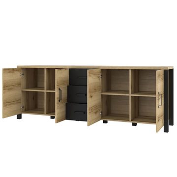 Lomadox Sideboard ORADEA-83, Grand Natural Oak Nb. mit schwarz supermatt 220/79/48 cm