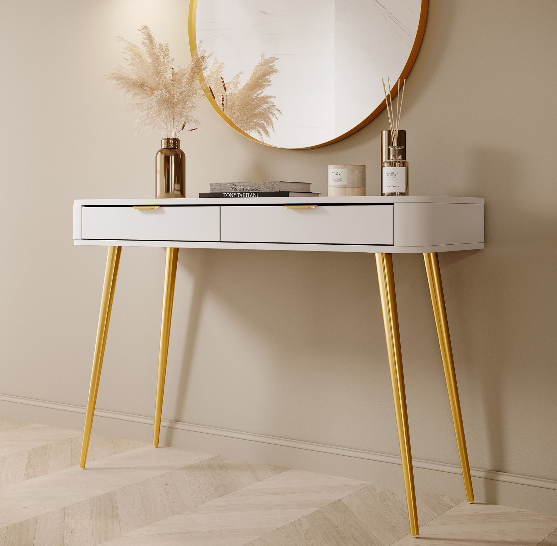 Selsey Schminktisch OVAL, mit 2 Schubladen, goldfarbenen Griffen und Beinen, 112 cm