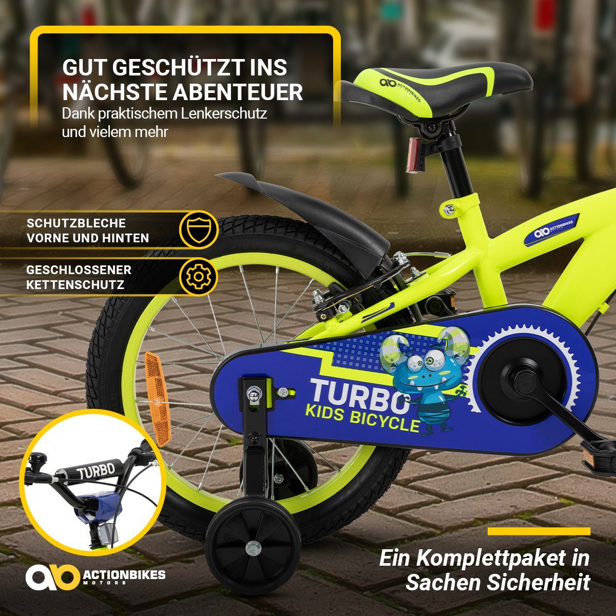 Actionbikes Motors Kinderfahrrad Kinder Fahrrad Turbo mit Stützräder, 1 Gang, ohne Schaltung, (16 Zoll, ab 105 cm Körpergröße, max. Zuladung 40 kg, Reflektoren, Stützräder, Klingel, Antirutschgriffe, Lenkerschutz, Kettenschutz, V-Brake-Bremse, Luftbereifung, Schutzbleche, gelb / blau), höhenverstellbares Bike Jungen Mädchen Kinderrad ab 4 Jahre