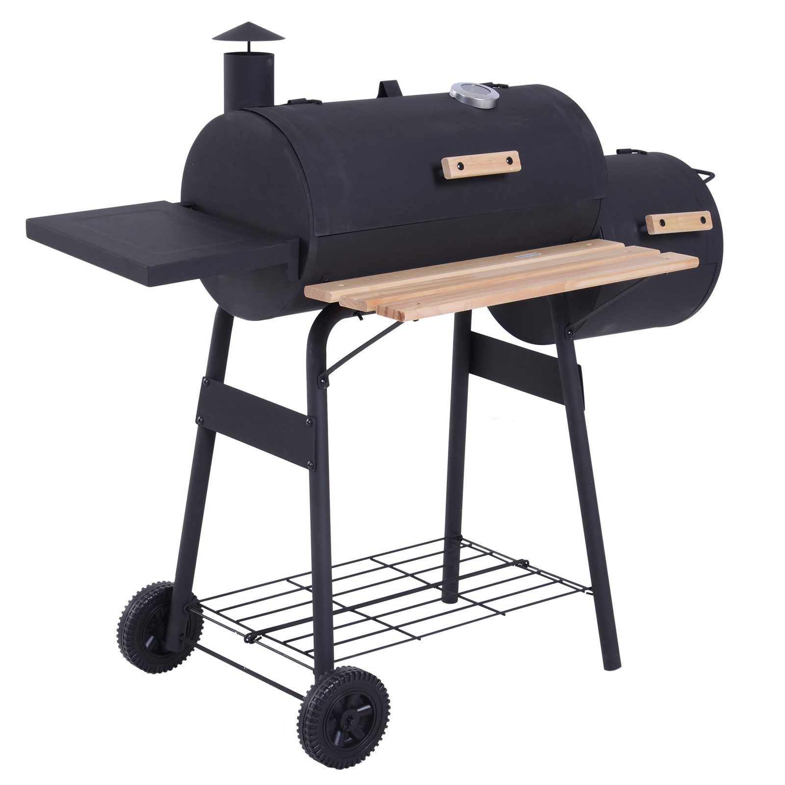 MC Star Holzkohlegrill 3-in-1 Holzkohlegrill mit Smokerfunktion, 124 x 53 x 104 cm, mit Thermometer, Rädern und Holzablagen für Picknicks und Camping im Freien