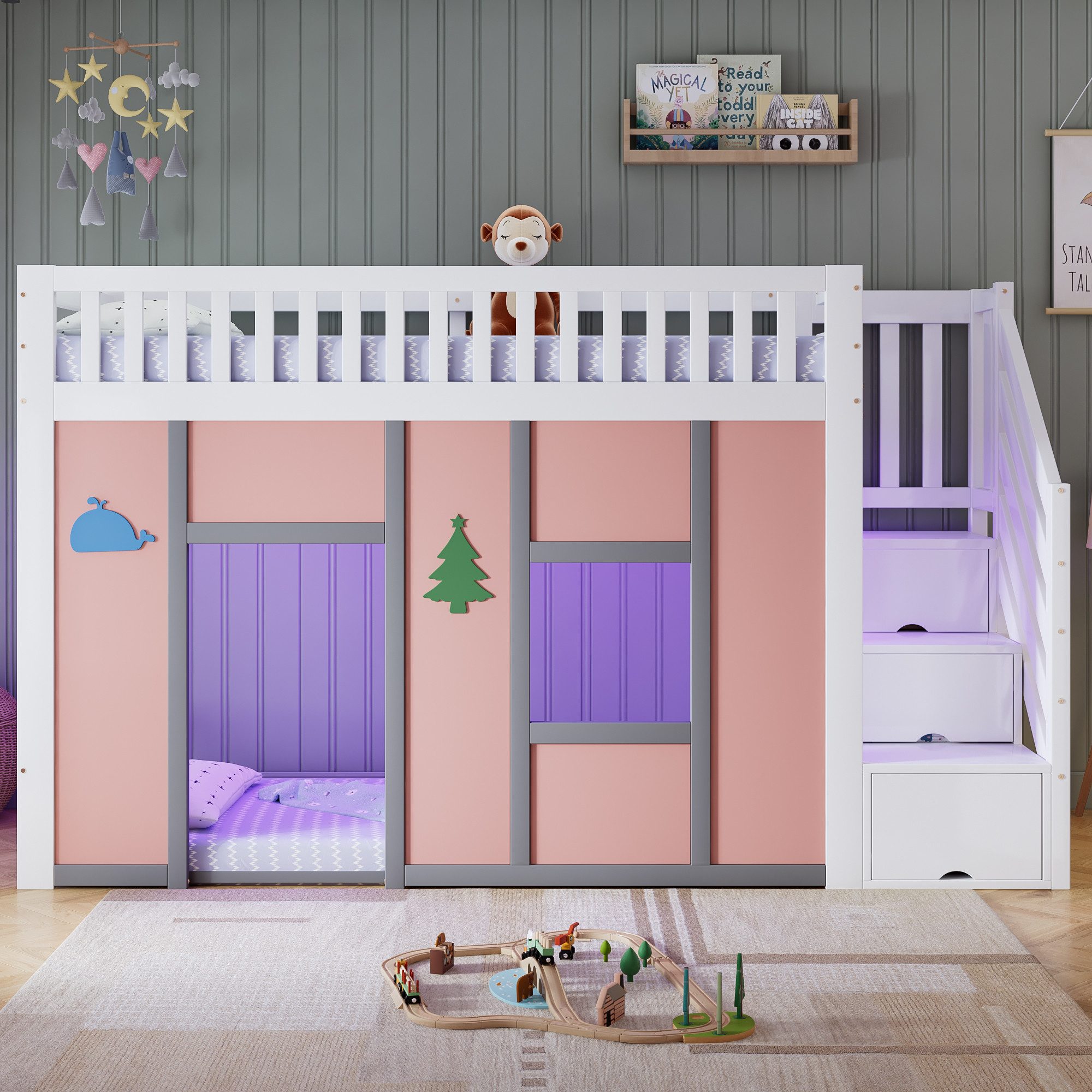 TavilaEcon Hochbett Halbhochbett mit Stauraumtreppe, LED-Beleuchtung und Spielbereich (1-St) mit Rausfallschutz und Deko-Motiven für Kinderzimmer, 90x200 cm – Bild 3 von 5
