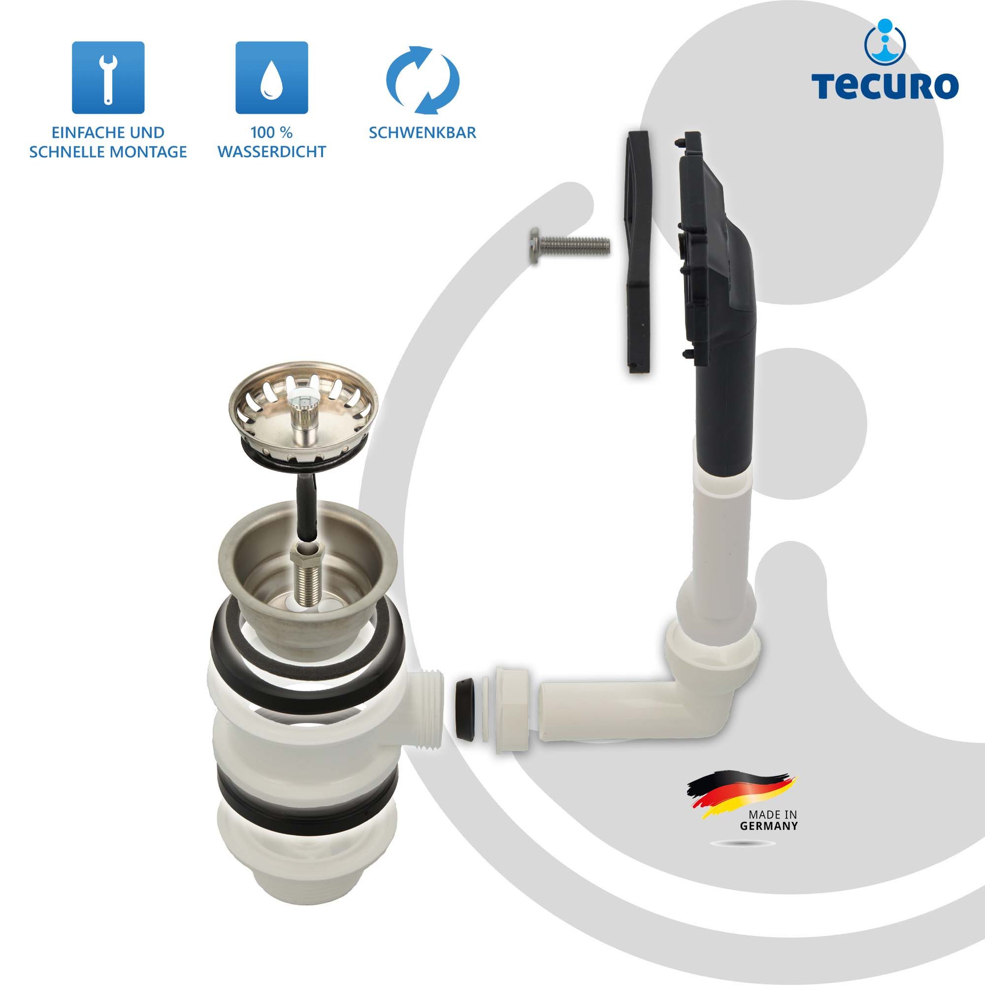 tecuro Siphon Spülen-Siebkorbventil Ø 70 mm (1 1/2 Zoll) mit Überlauf 38x64 mm