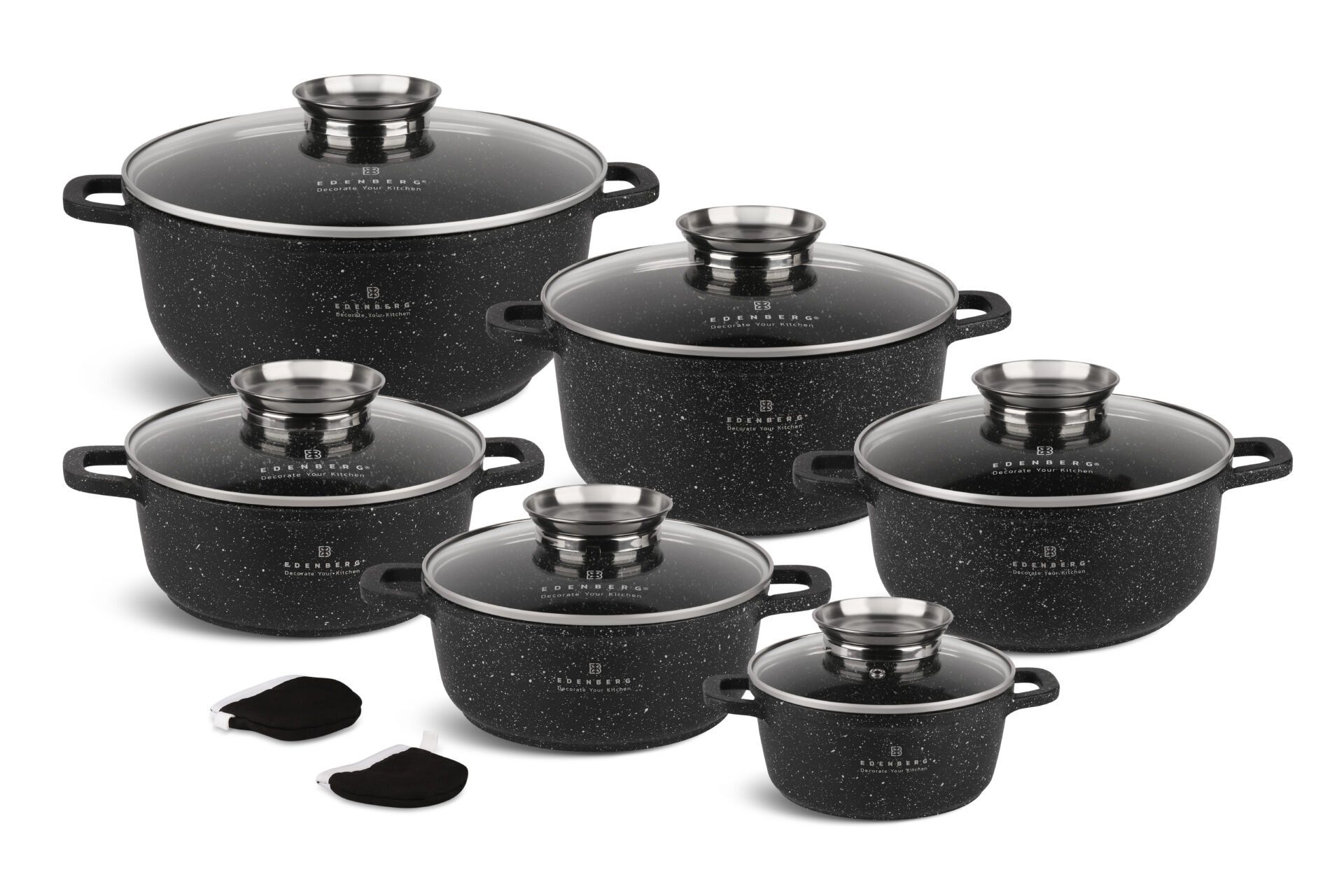 schwarze Topf-Set 6,8L/4,5L/3,2L/2,3L/2,3L/1,3L, Eine Geschenkidee) Töpfe, Glasdeckel, Topfset, Keramik Edenberg ideale (12-tlg., Aluminium, des Design Topfsets. Zeitloses