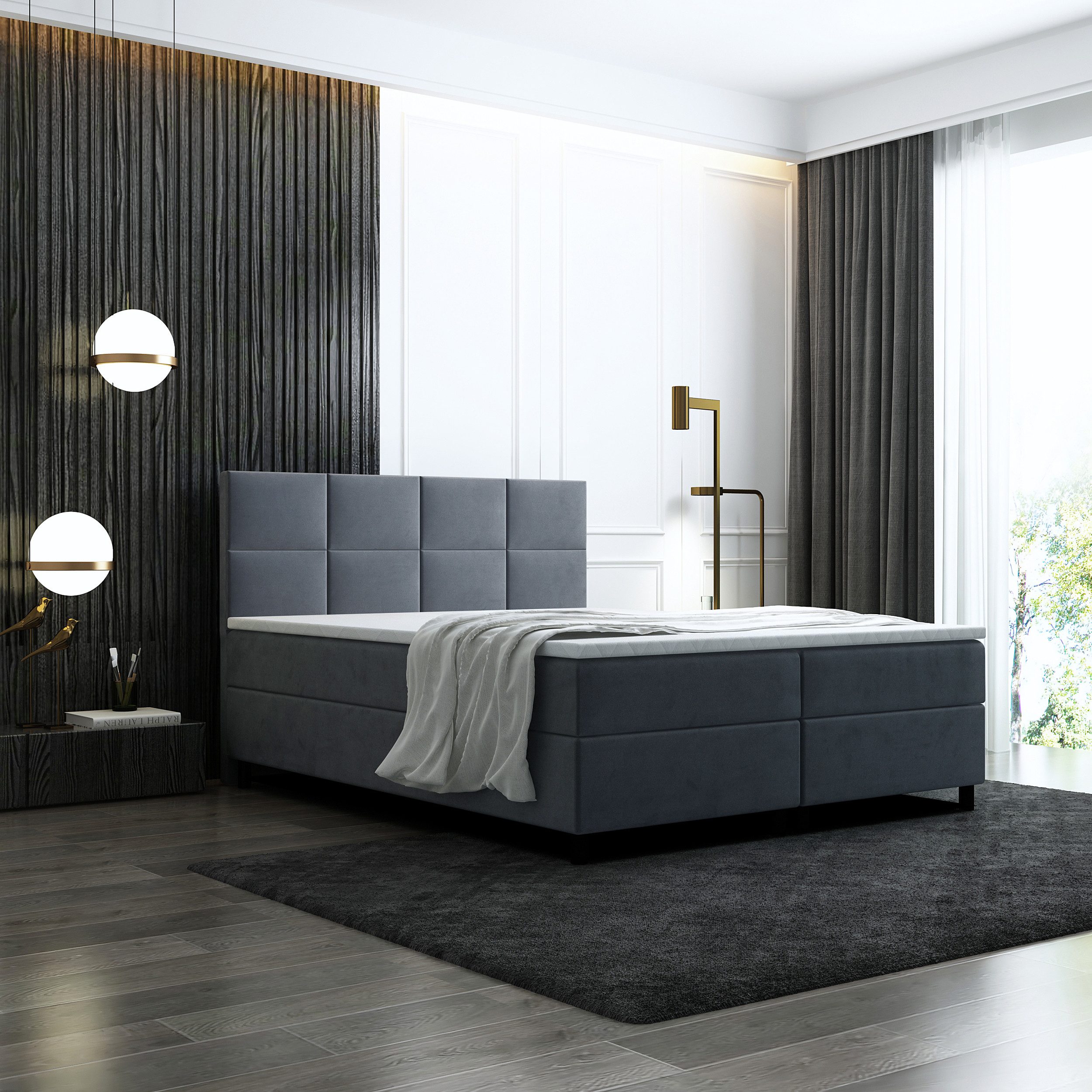 thematys Boxspringbett Luxus mit Bettkasten 140x200–180x200cm - Velours Bezug (Polsterbett Bonnellfederkern Matratze H3 + Gratis 3cm Topper, – Doppelbett mit Stauraum - Boxbett)