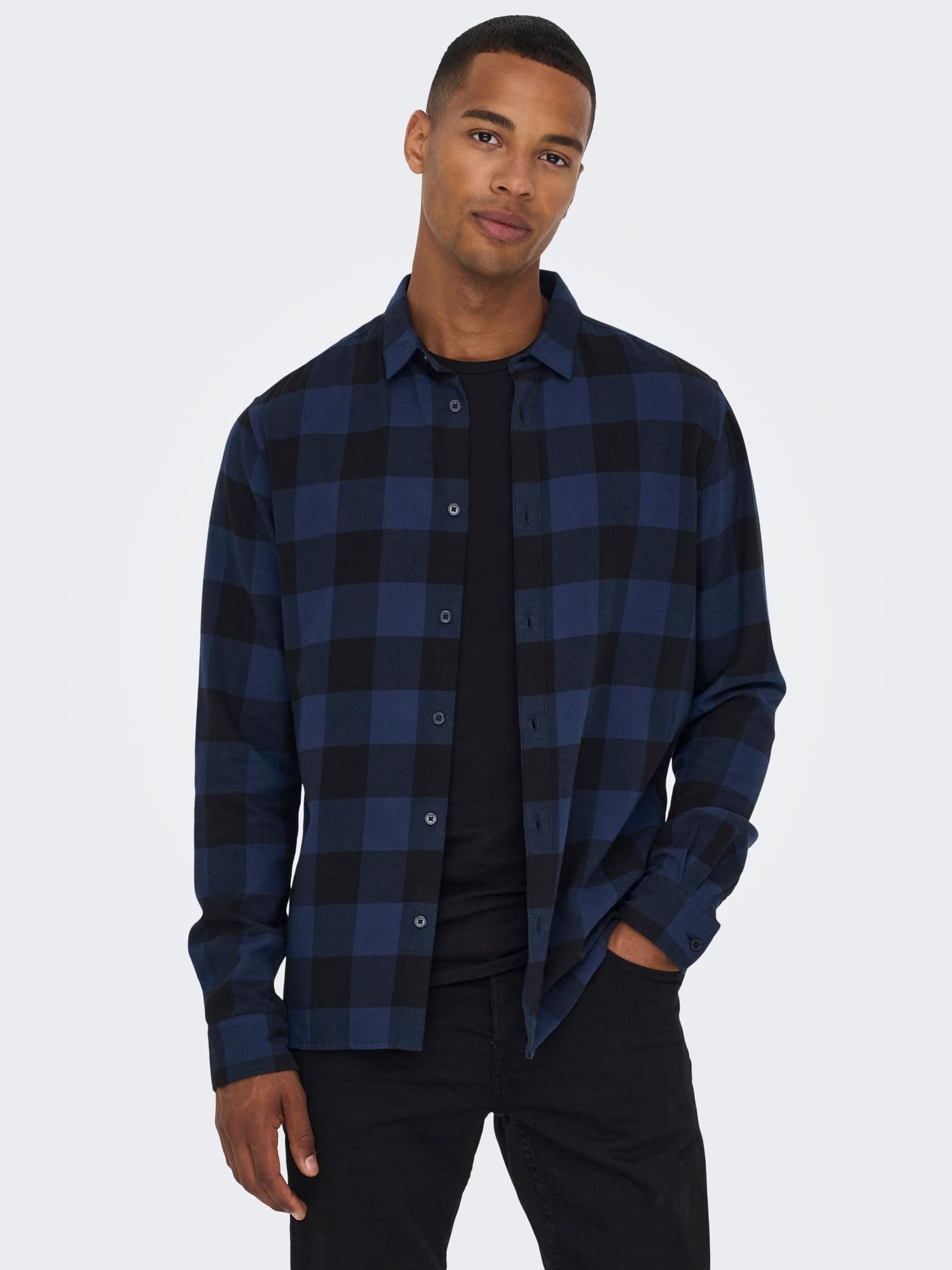 ONLY & SONS Langarmhemd Freizeit Karohemd Holzfäller Kariertes Flanellhemd für Herren (1-tlg) Baumwolle Slim Fit Kentkragen kariert wärmend Knöpfe