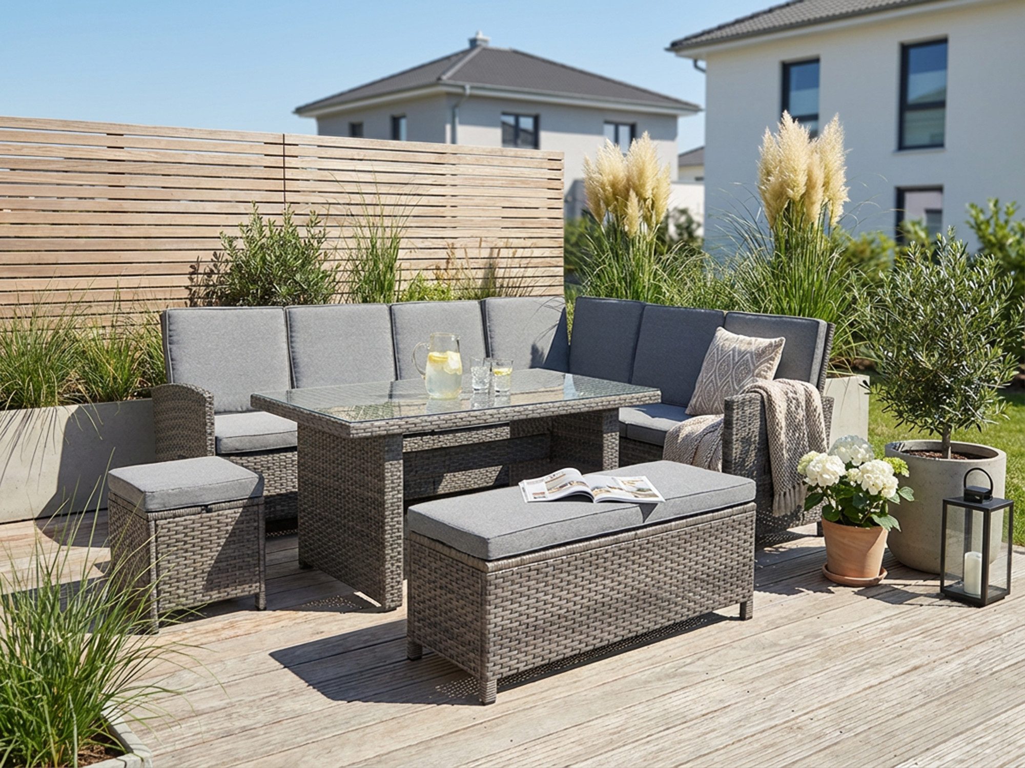 KONIFERA Gartenlounge-Set Paris, (Set, 17-tlg., 2x 3er Bank, 1x Sitzbank, 1x Hocker, 1x Tisch 140x80x67cm, Aluminium), inkl. Auflagen/Schutzhülle, Polyrattan, Rückenlehne verstellbar