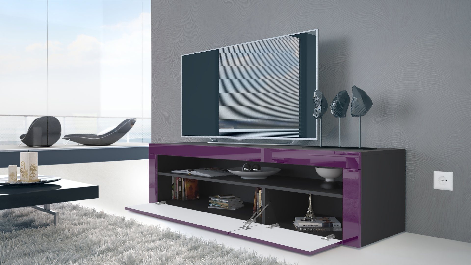 Vladon Lowboard Valencia (TV-Kommode, mit 1 offenem Fach und 2 Klappen), Schwarz matt/Bordeaux Hochglanz/Bordeaux Hochglanz (155 x 46 x 40 cm)