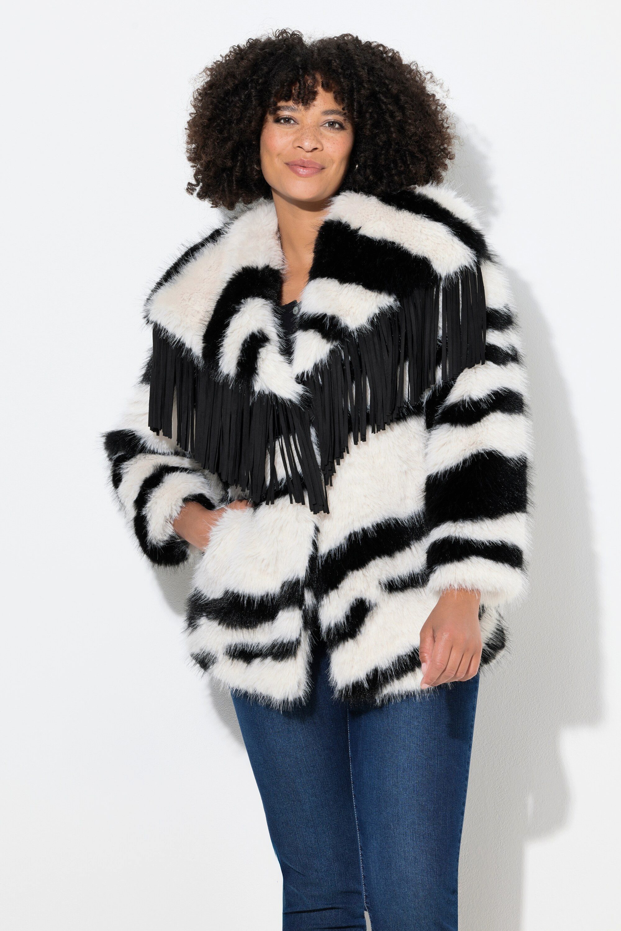 Angel of Style Outdoorjacke Plüschjacke Straight Fit Muster Kragen mit Fransen