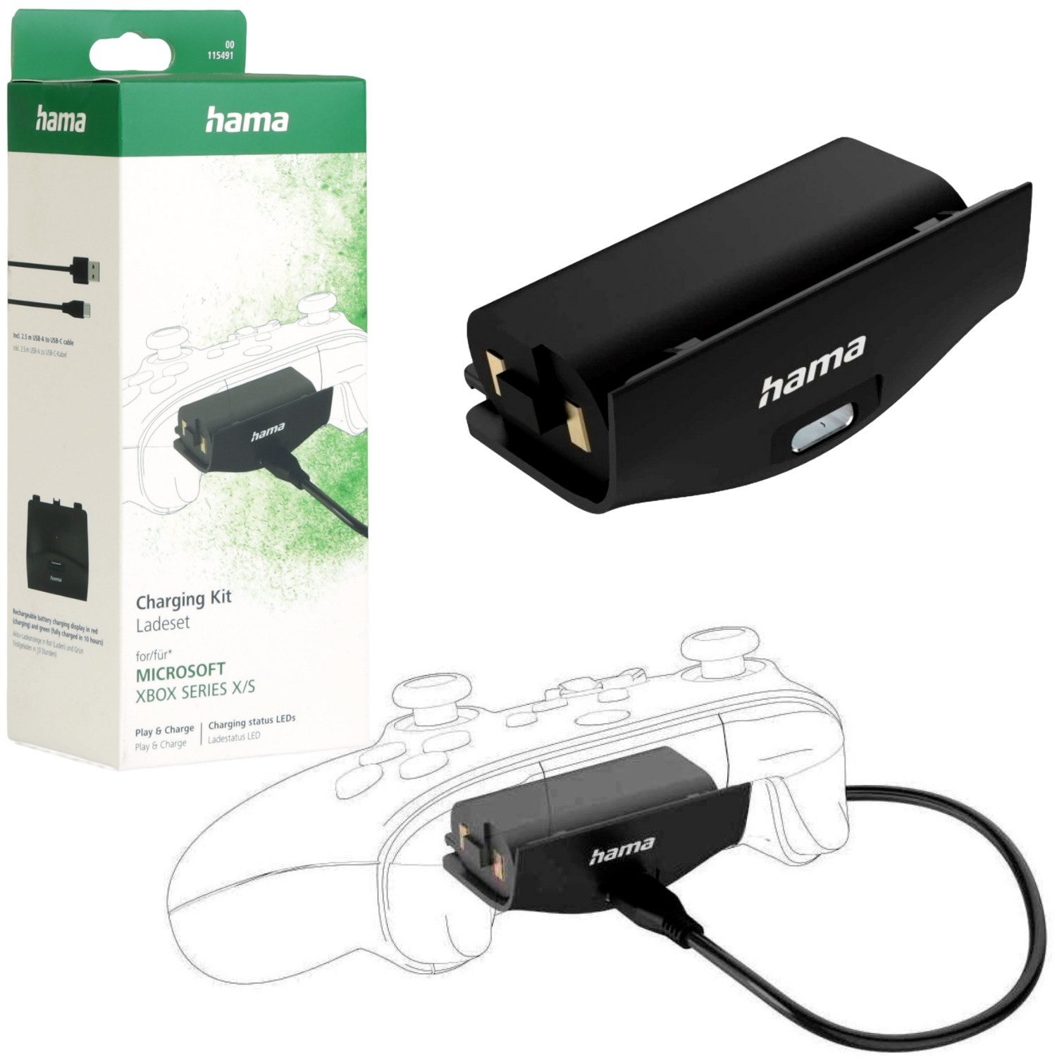 Hama USB Ladeset für XBOX Serie X S Wireless Controller Controller-Ladestation (Akku + Ladekabel, Spar-Set, Set Akku + USB-C Ladekabel Ladegerät LED Ladeanzeige Spielen + Laden)