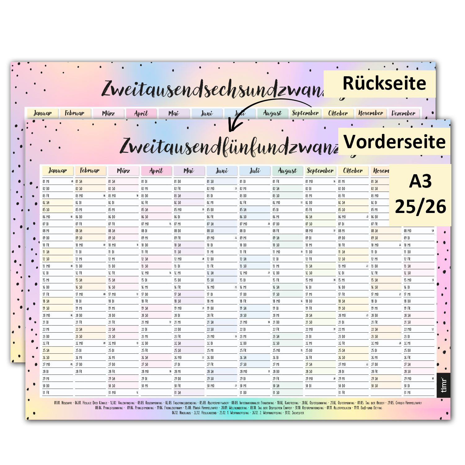 Timr Wandkalender Wandkalender 2025/2026 Motiv Bunt - DIN A3 Kalender 12 Monate