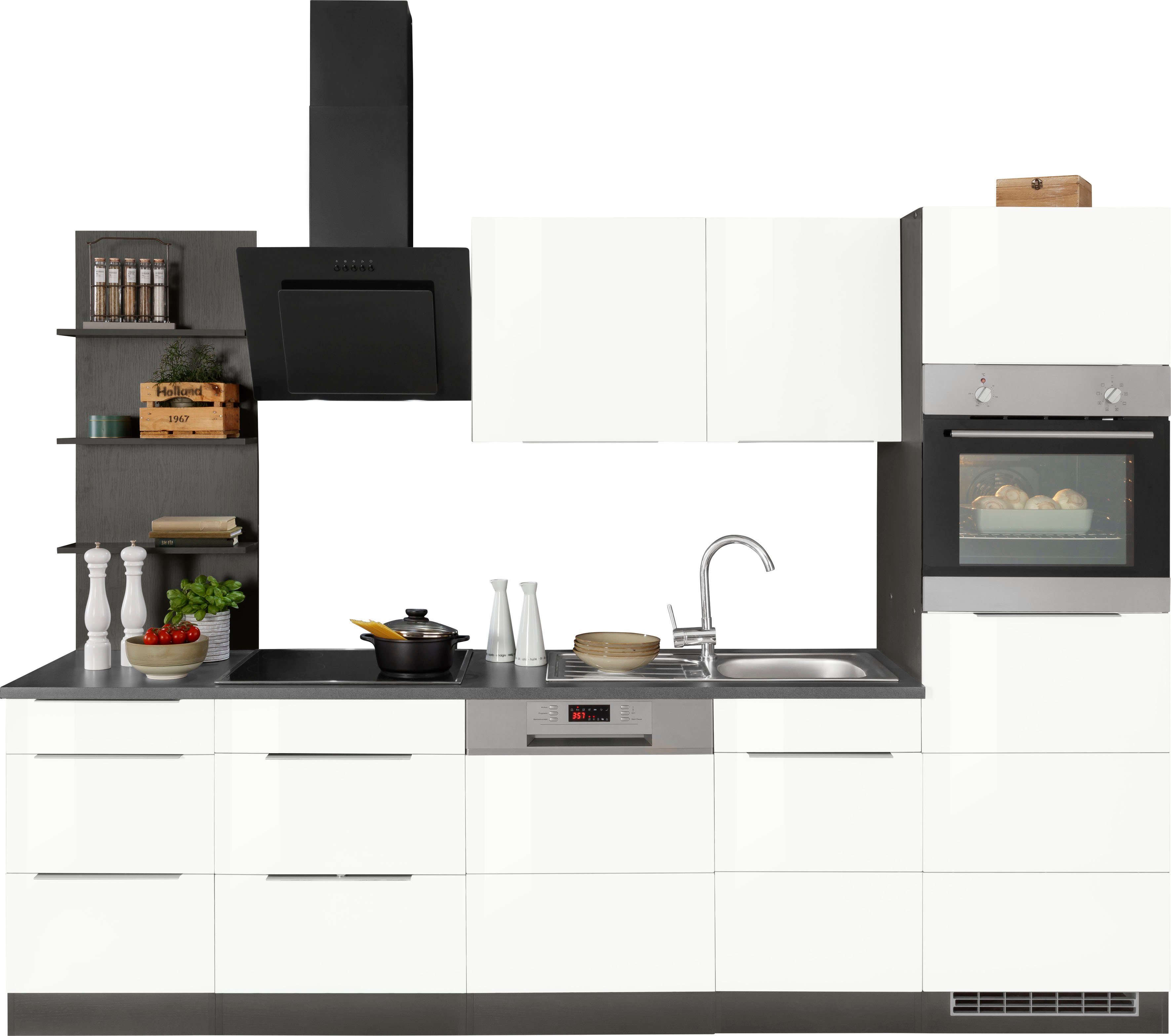 HELD MÖBEL Küchenzeile Brindisi, mit E-Geräten, Breite 280 cm weiß Hochglanz/grafit | grafit