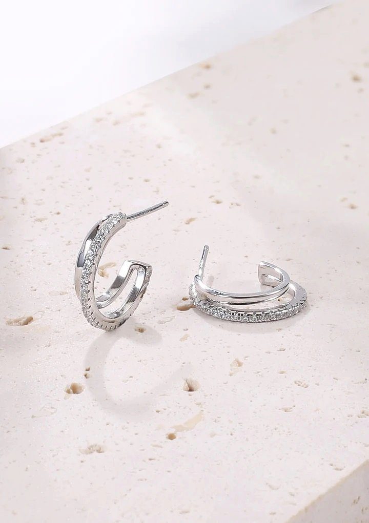 Hey Happiness Paar Ohrstecker Doppelt Kristalle, Vergoldete 925 Silber Creolen, Offene Silber Damen Ohrringe mit Zirkon, hyppoallergen