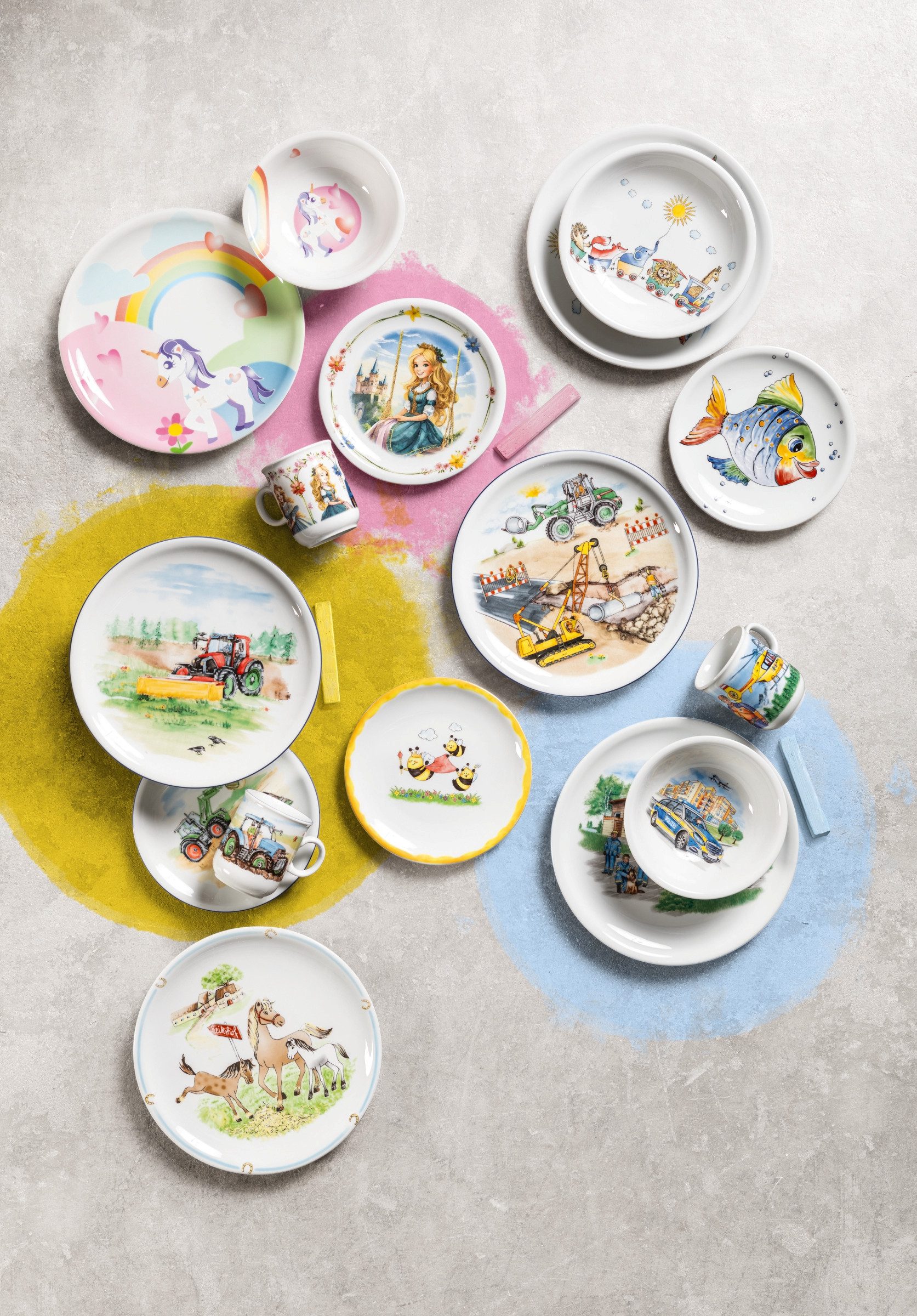 Seltmann Weiden Kindergeschirr-Set Compact Blaulicht, Kinder-Set 3-teilig (3-tlg), 1 Personen, Porzellan, 1x Frühstücksteller 19 cm, 1x Schüssel 16 cm, 1x Becher 0,25 l