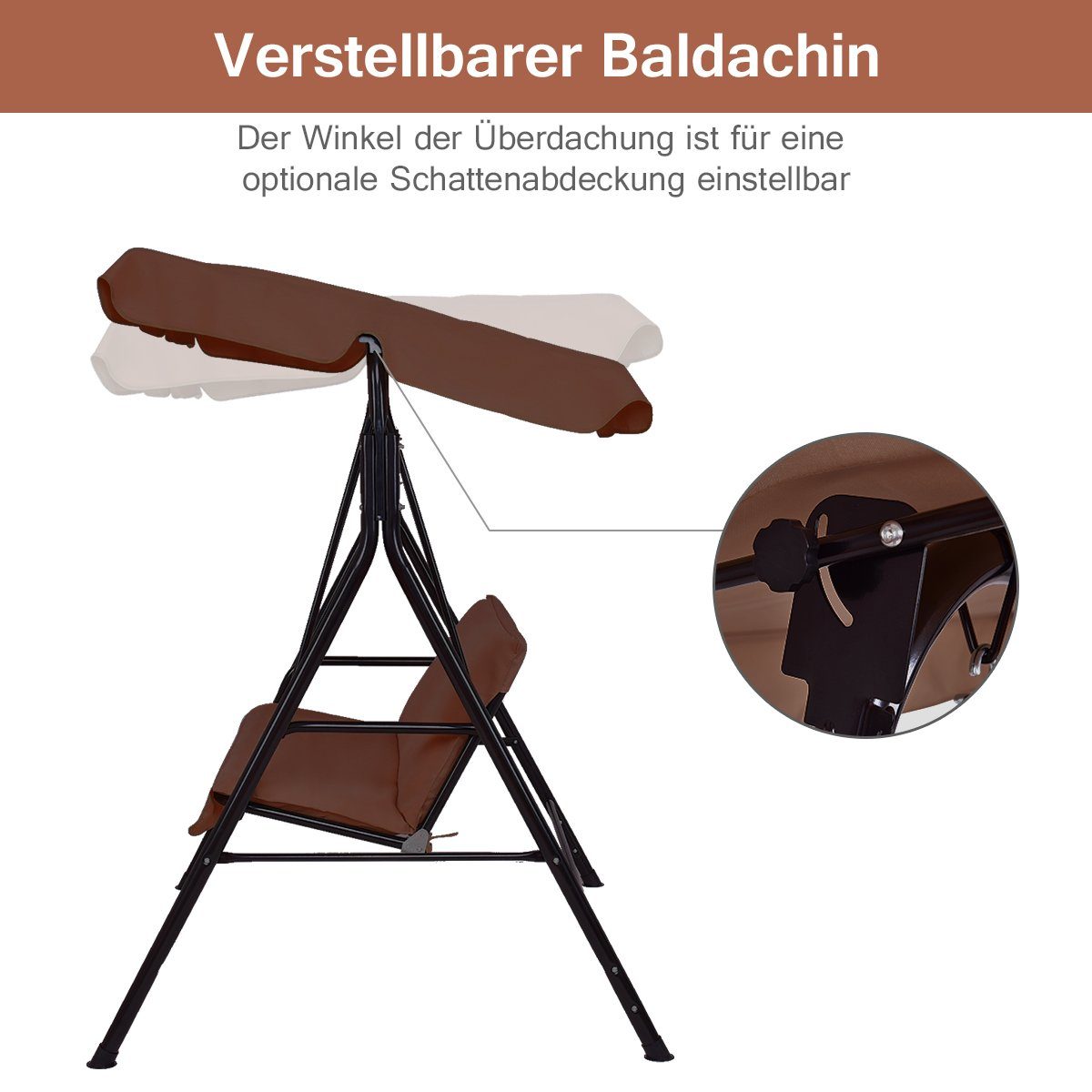 Braun Sonnendach, Gartenliege, COSTWAY Gartenschaukel, 2-Sitzer mit Hollywoodschaukel