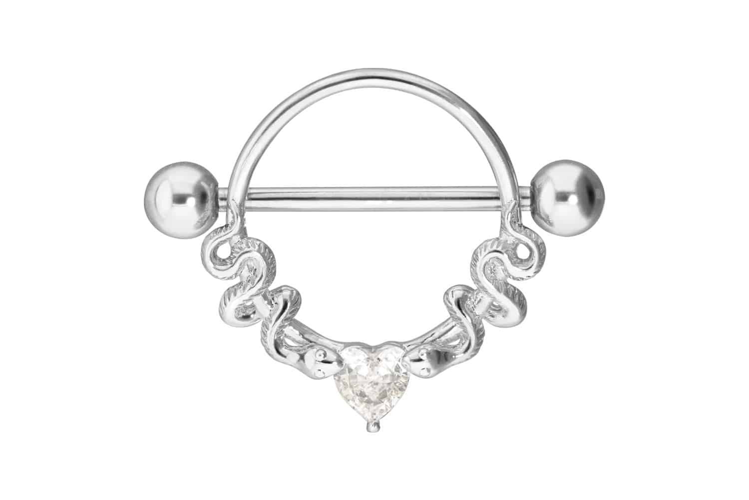 Brustwarzenpiercing Chirurgenstahl Nippelpiercing KRISTALLHERZ + 2 SCHLANGEN
