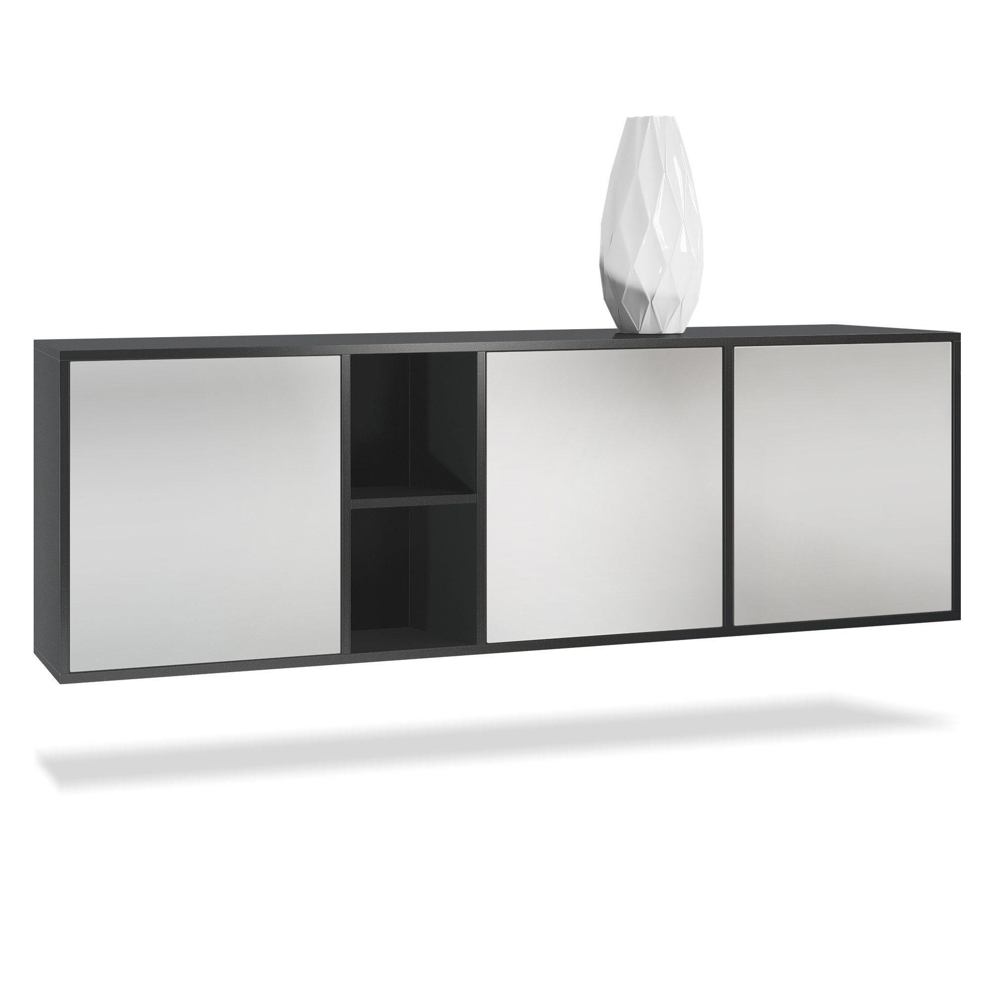 Vladon Sideboard Cuba (Kommode, mit 3 Türen und 2 offene Fächer), Schwarz matt/Hellgrau Seidenmatt (182 x 53 x 35 cm)